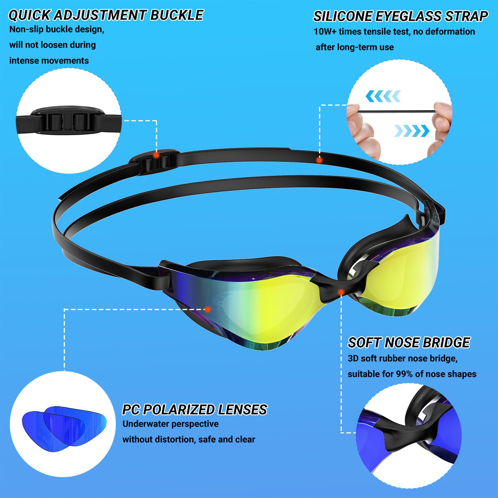 Gafas Natación Polarizadas Antivaho UV400 Correa Silicona Ajustable Profesional Adultos Adolescentes Deportes Acuáticos