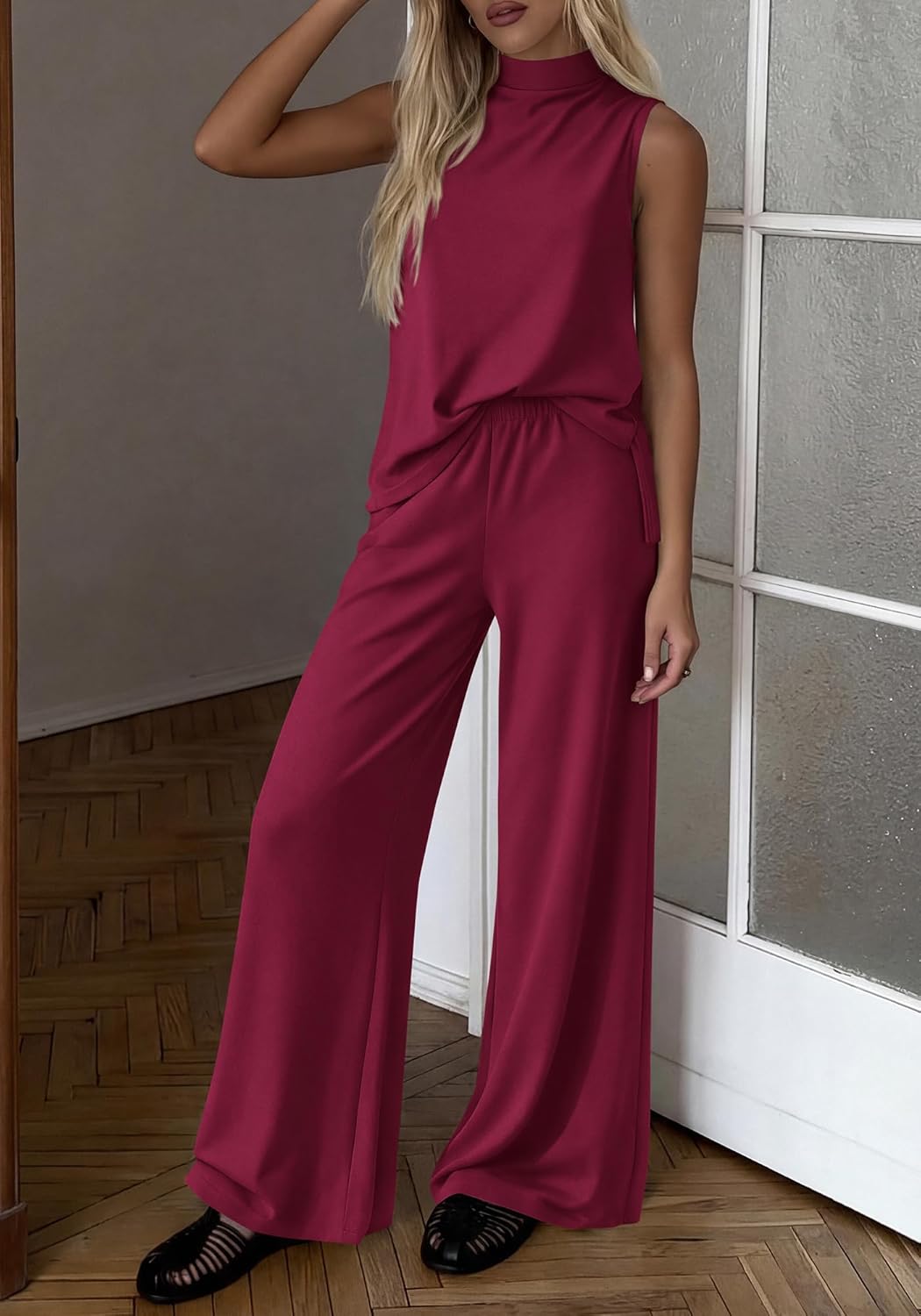 BTFBM Summer 2 Piece Lounge Sets For Women Sleeveless Mock Neck Top Wide Leg Pants Spring Vacation Airport Travel Outfits - Image 7