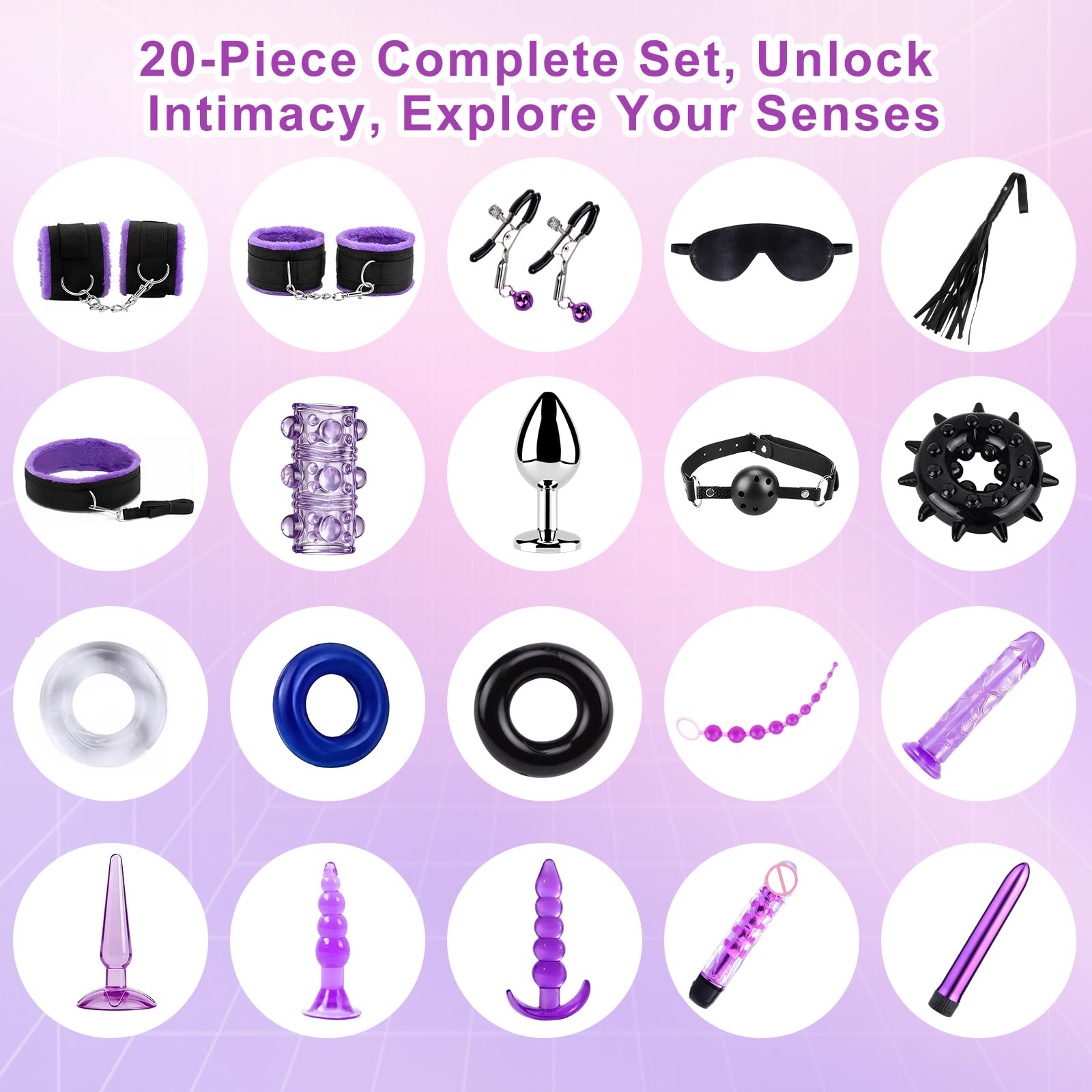 Kit de Bondage kit BDSM 15 pièces, Accessoire Ensemble de Bondage pour Couples Kit de Contention pour Débutants Un Kit Essentiel pour des Moments Intimes entre Hommes et Femmes.Violet