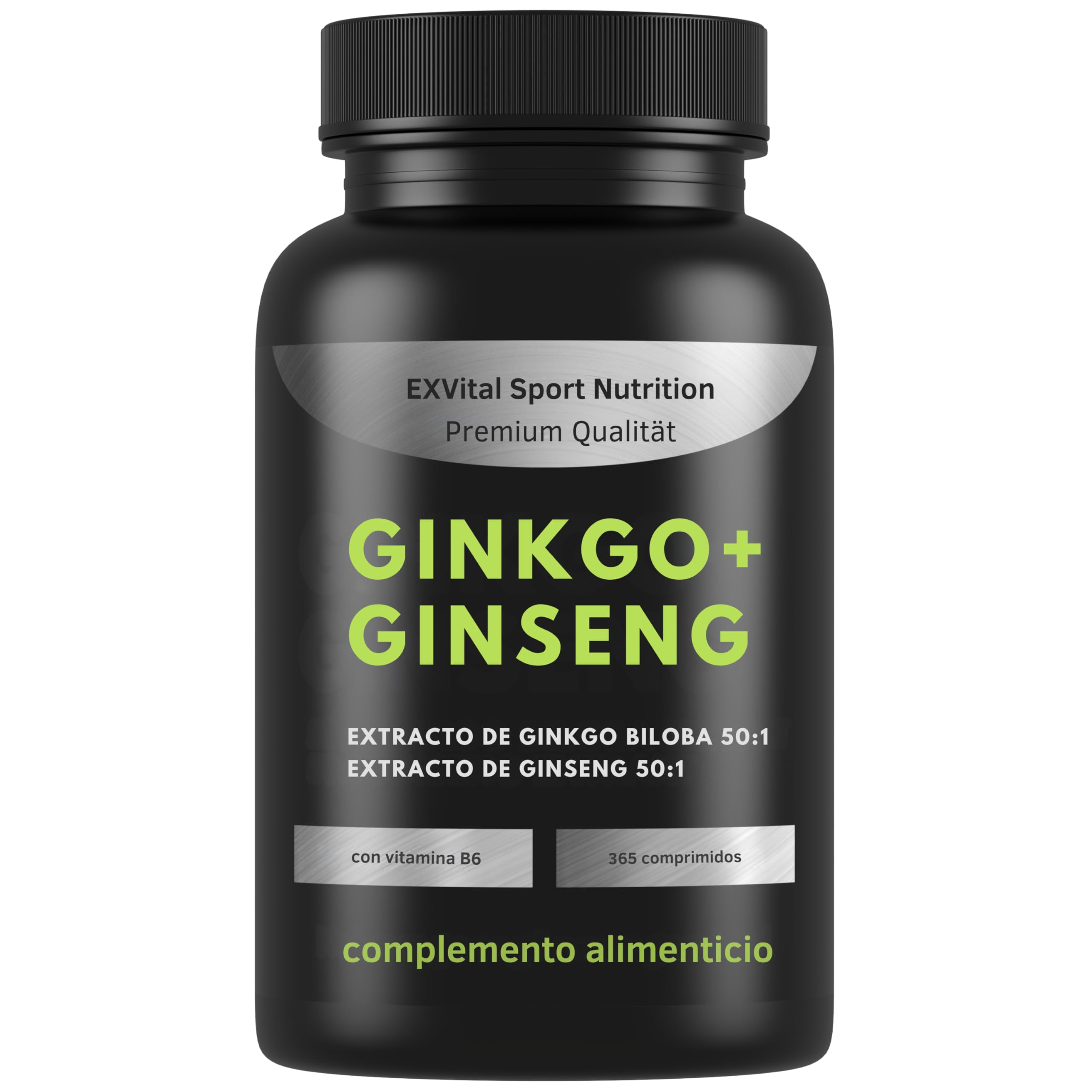EXVital® Ginkgo + Ginseng, 365 comprimidos, extractos vegetales 50:1, alta concentración – Ginkgo biloba y ginseng coreano – Analizado en laboratorio – Vegano