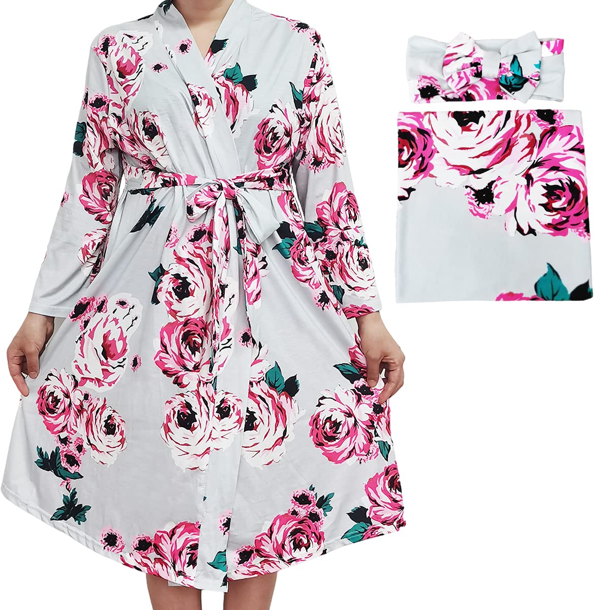 Sufeini Maternity Robe And Matching Baby Swaddle Blanket Set Mommy