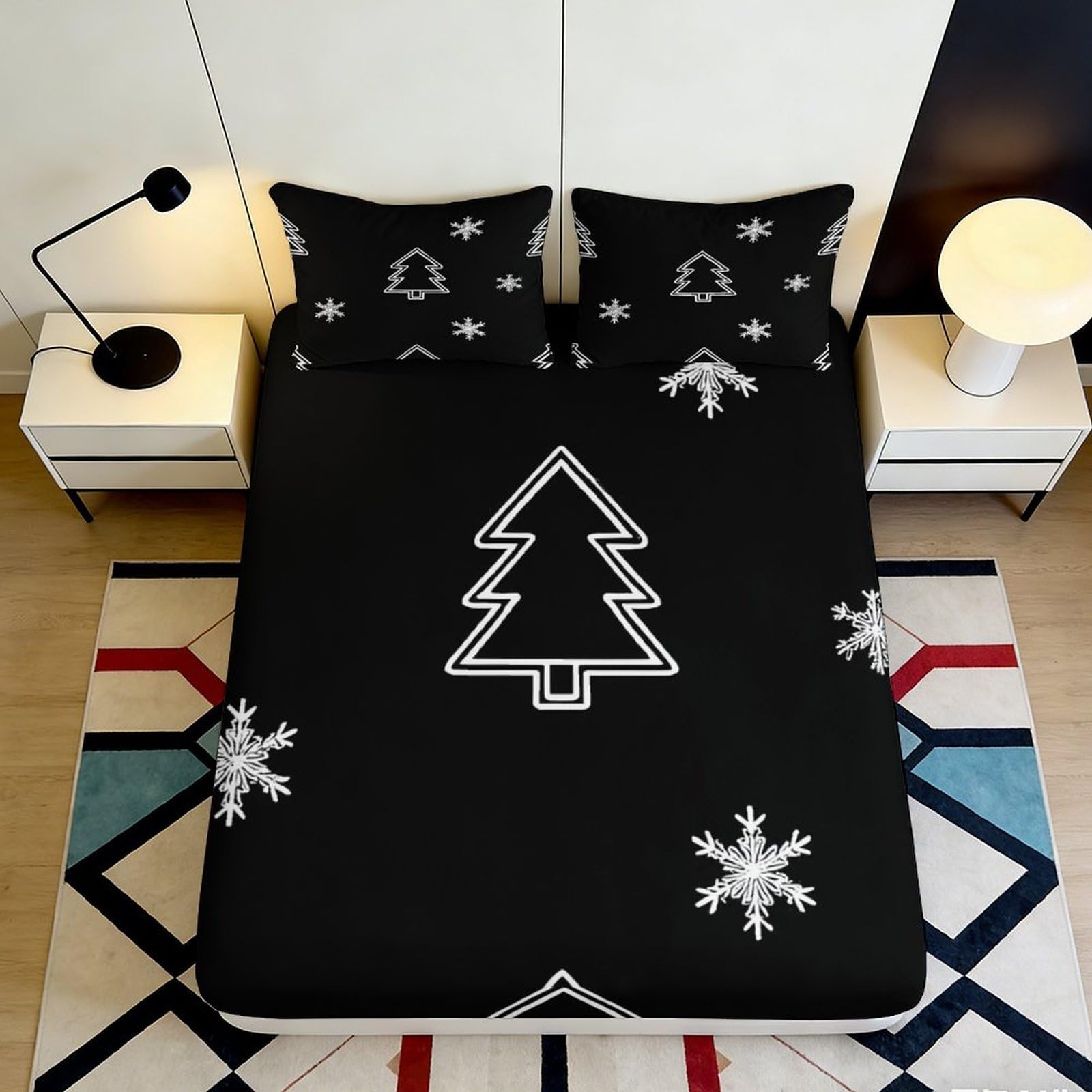 3D Printed Christmas Tree Fitted Sheet Microfiber Black Snowflake Mattress Cover Anti-Slip for Bedroom Guest Room Decor 200x200x25cm