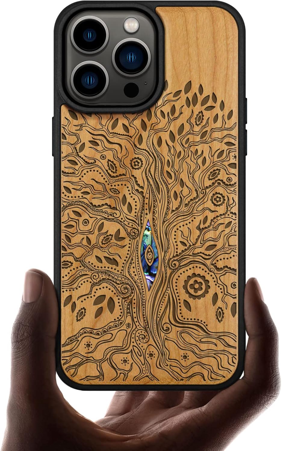 Carveit Designer Wooden Magnetic Case for iPhone 14 Pro Max Case [Wood Engraving & Shell Inlay] Unique Wood Phone Cover Compatible with 14 Pro Max MagSafe 6.7 Inch (Tree of Life-Rosy)