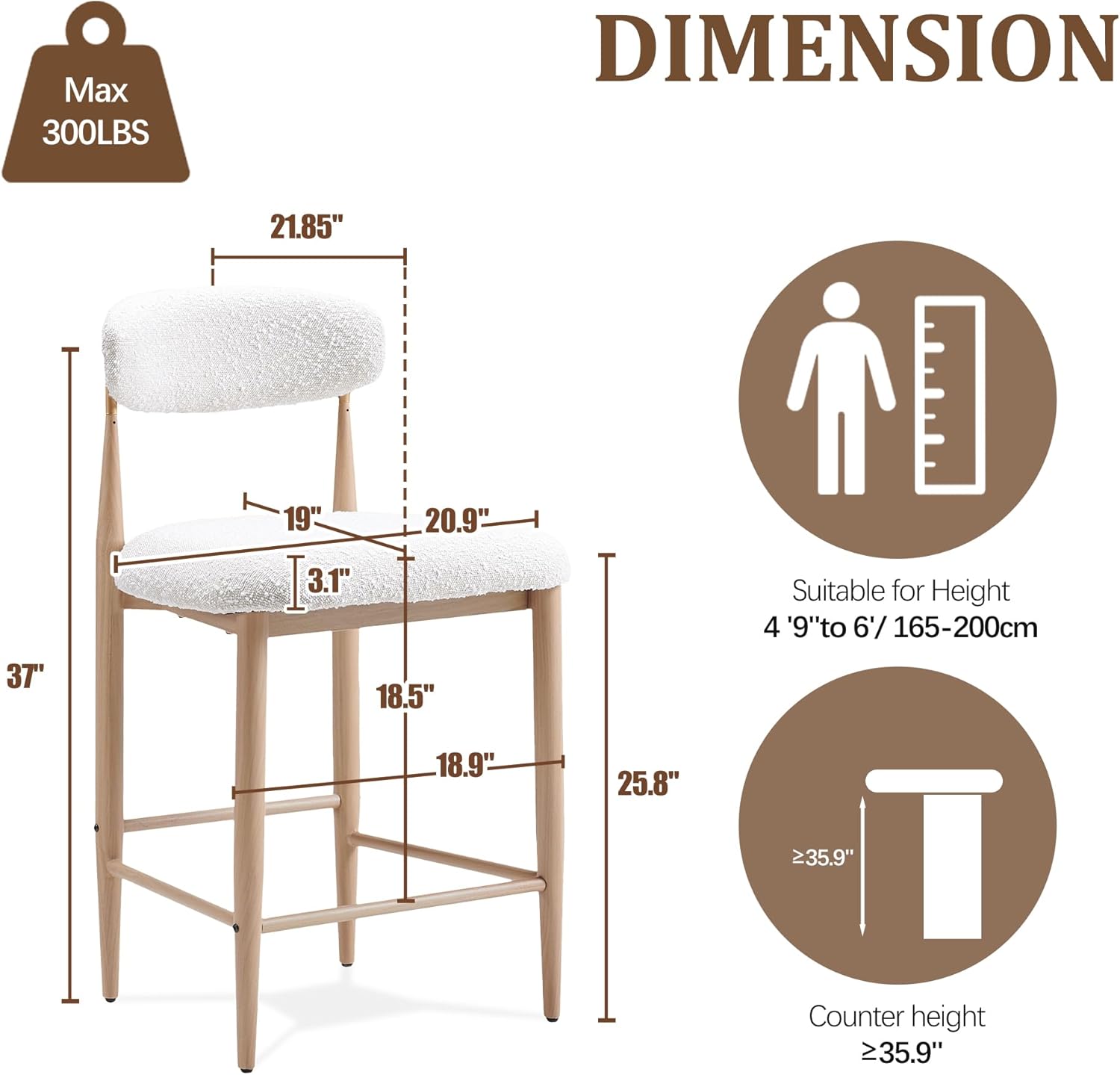 Morden Fort Counter Stools Set of 4 with Boucle Upholstered Seats, 26''H Counter Height Barstools, Kitchen Island Barstools with Gold Curved Back & Wood Grain Legs, Modern Dining Room Bar Chairs White