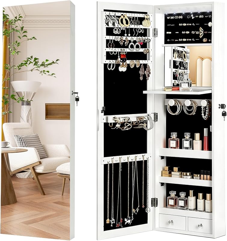 Lockable Jewelry Cabinet Organizer with Full Length Mirror, 6 Auto LED Lights, Wall & Over Door Mount Jewelry Armoire with Earring Slots, Necklace Hooks, Foldable Makeup Shelf
