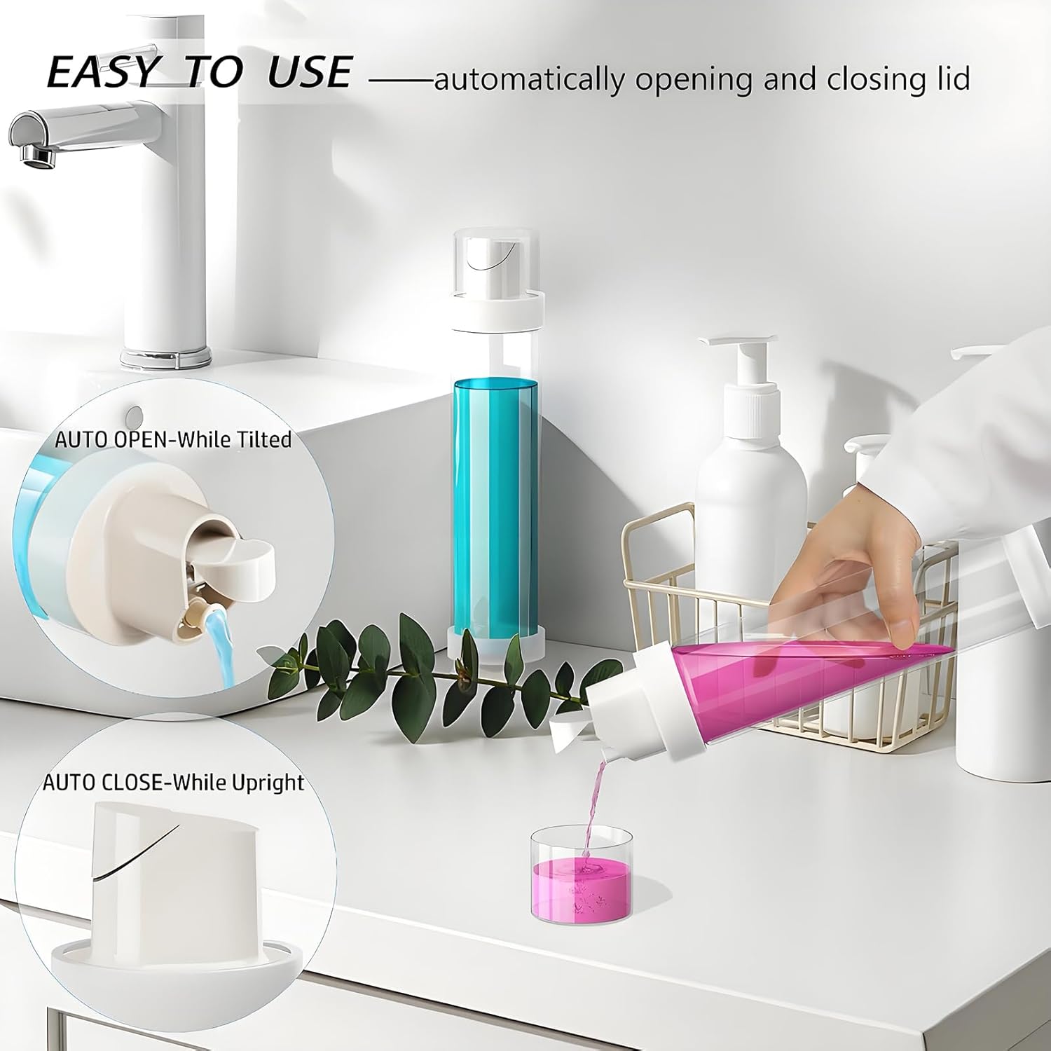 Glass Mouthwash Dispenser for Bathroom, 1 Pack Clear Mouth wash Container With Lid Cup, 16 oz Refillable Mouthwash Bottle for Countertop, Auto Flip Non-Drip Design, Glass Decanter with 500ml Capacity - Image 3