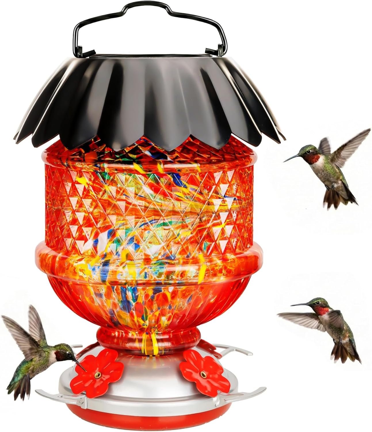 Solar Hummingbird Feeder with Perch 48 OZ Hand Blown Glass Hummingbird Feeder for Outdoors Hanging Include Accessories (Red)