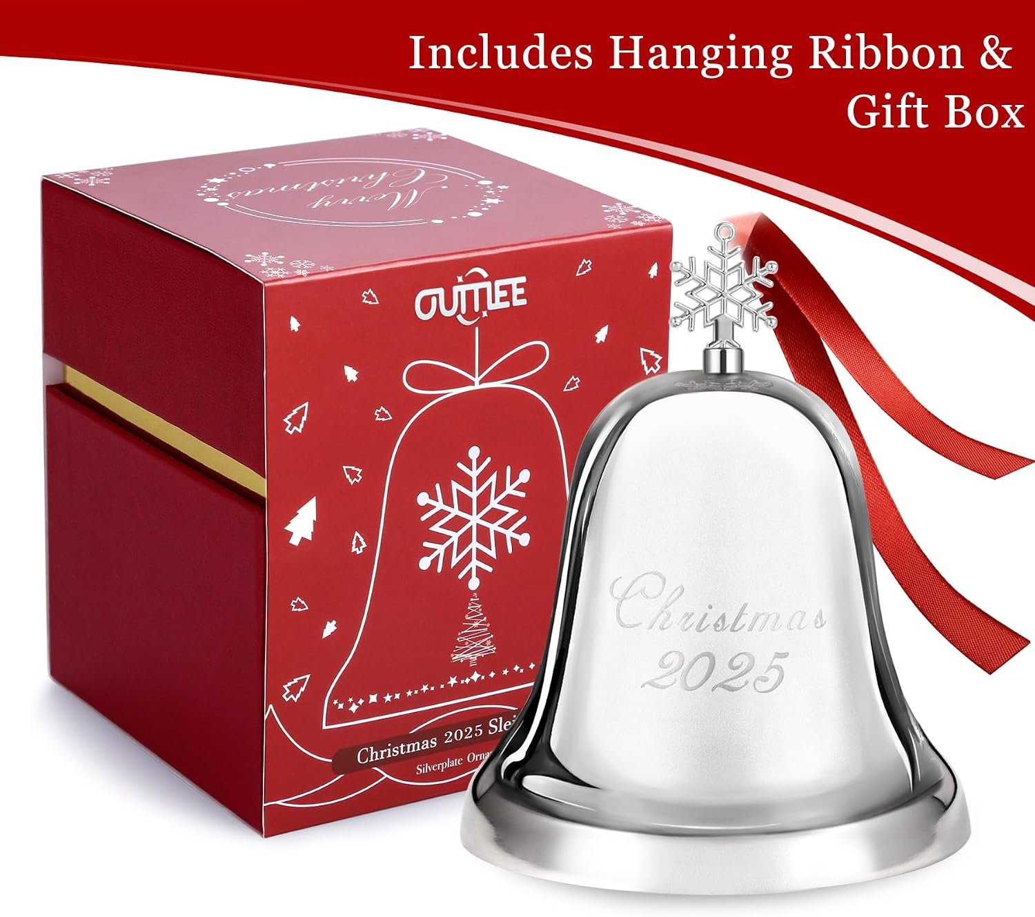 Christmas Bell 2025, Annual Silver Bell Christmas Ornaments for Tree Hanging Decorations, Metal Holiday Bells for Xmas Tree Decor with Ribbon & Gift Box