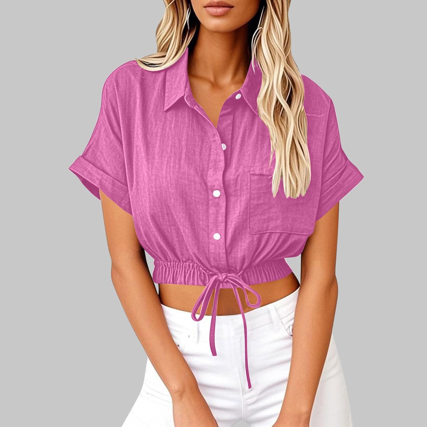 Womens Cropped Button Down Shirt Drawstring Waist Blouse Short Sleeve Casual Loose Fit Tops Summer Crop Shirts