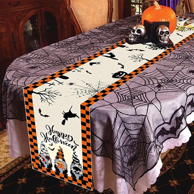 Halloween Table Runner Gnome, Halloween Decorations Table Runners 72 Inches Long, Linen Happy Halloween Runners for Tables, Haunted House Pumpkin Table Runner Cover for Halloween Dining Party Decor