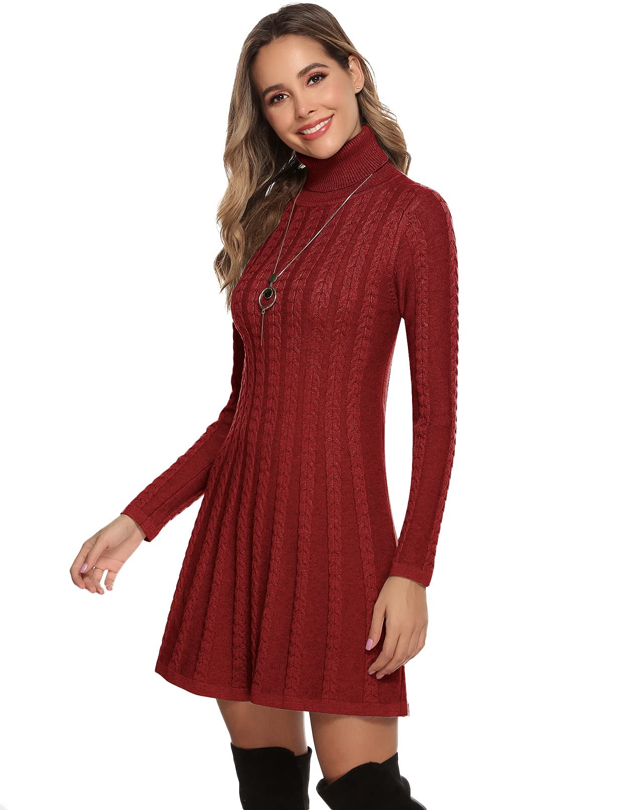Gyabnw Vestito Casual Donna Invernale in Maglione Abito Vita Alta Elegante in Girocollo di Orlo Svasato Abito Linea A in Maglia al Ginocchio Caldo di Moda Treccia Ritorta