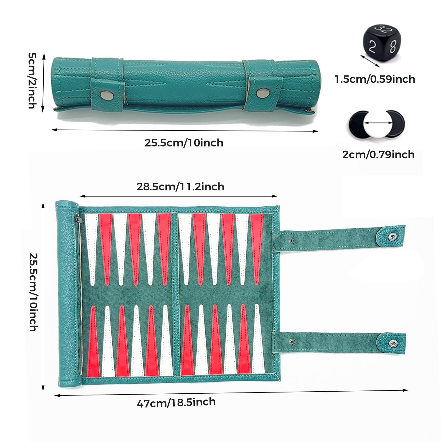 Travel Backgammon Set, Portable 18.5inch Leather Backgammon Sets, Roll-Up Travel Backgammon Game, Tactical Board Game Ideas (Green) - Image 2