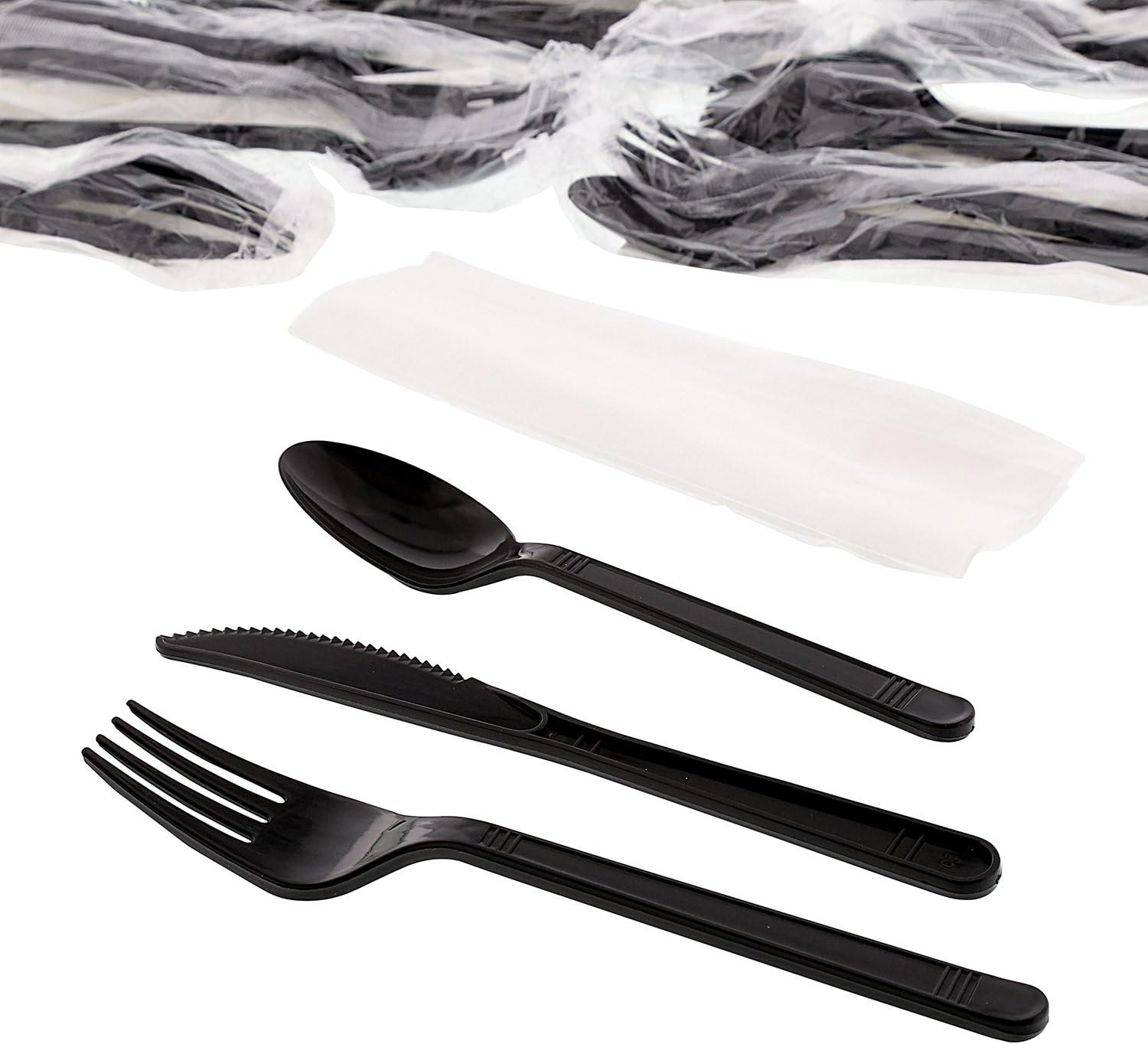 AmerCareRoyal 4-in-1 Disposable Silverware Medium Heavy Weight Plastic Utensil Set with Teaspoon, Fork, Knife and 12x13 inch Napkin - Individually Wrapped Cutlery Meal Kit, Black, Case of 250