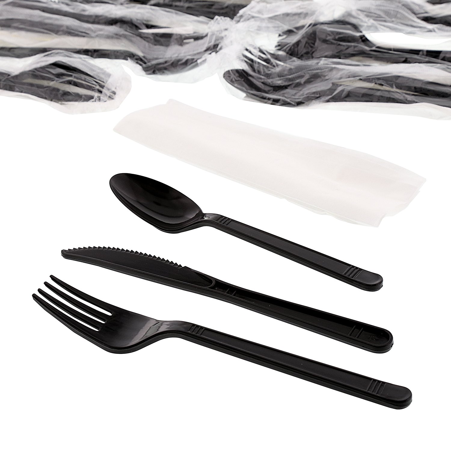 AmerCareRoyal 4-in-1 Disposable Silverware Medium Heavy Weight Plastic Utensil Set with Teaspoon – Polypropylene, Black, Pack of 500, Model 4KP405B-C