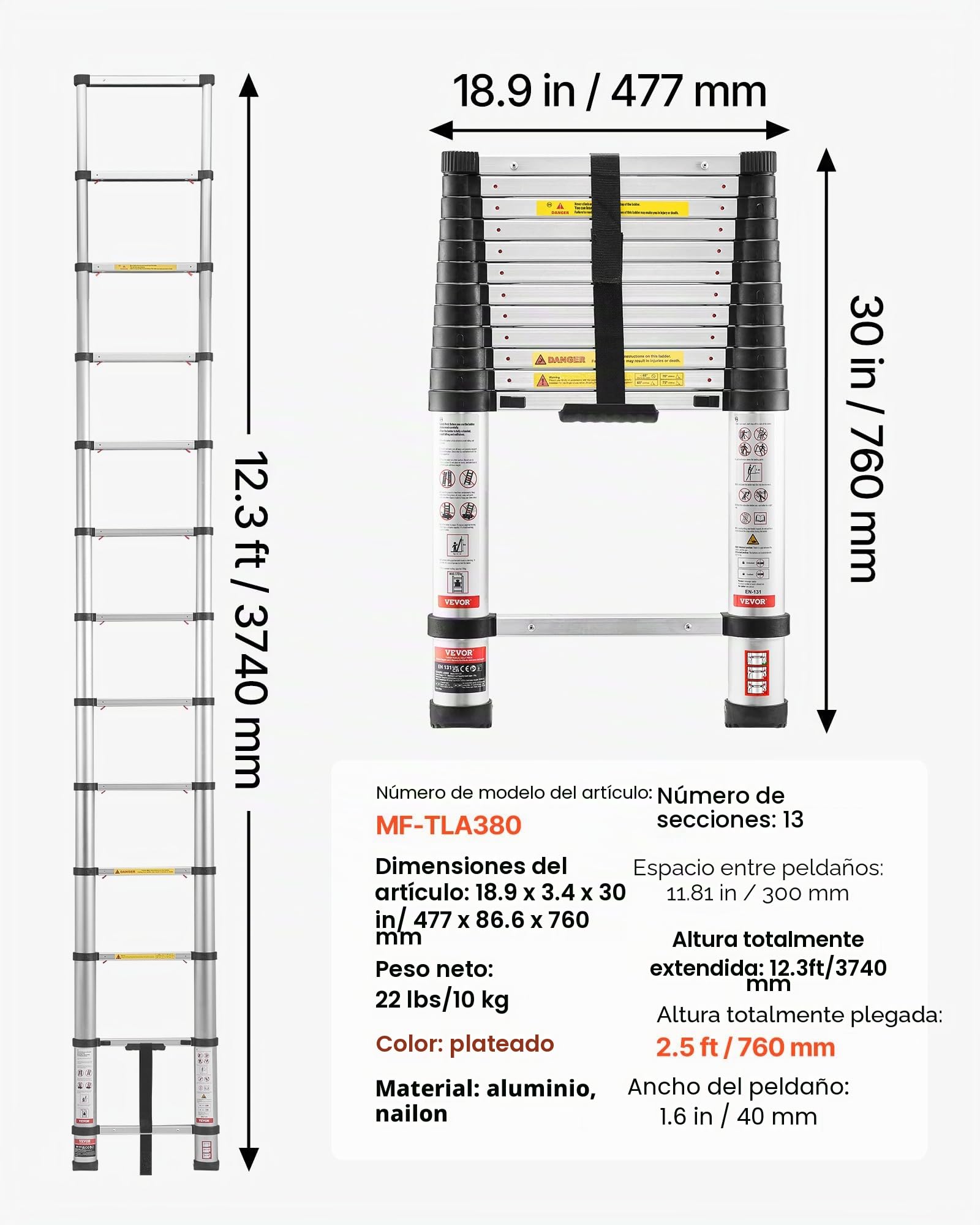 VEVOR Escalera Telescópica de Aluminio 374 cm, Escalera de Extensión Plegable con Sistema de Retracción de Un Solo Toque, Soporta hasta 150 kg, con Pies Antideslizantes, para Hogar, Ático, Jardinería