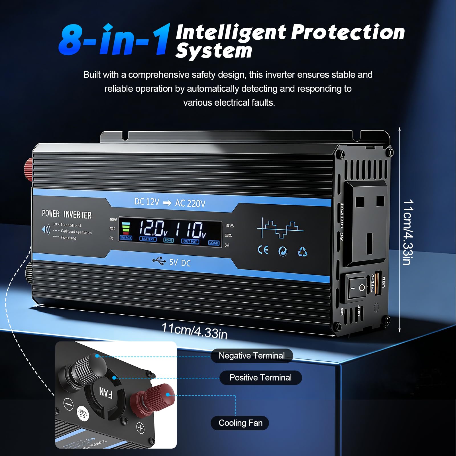 2000W Power Inverter 12V to 240V with LCD Display, 2 UK Sockets & USB Port, Modified Sine Wave Car Inverter for Camping, RV, Truck, Home Use – High Efficiency >95%, Safety Protections (Blue) - 2