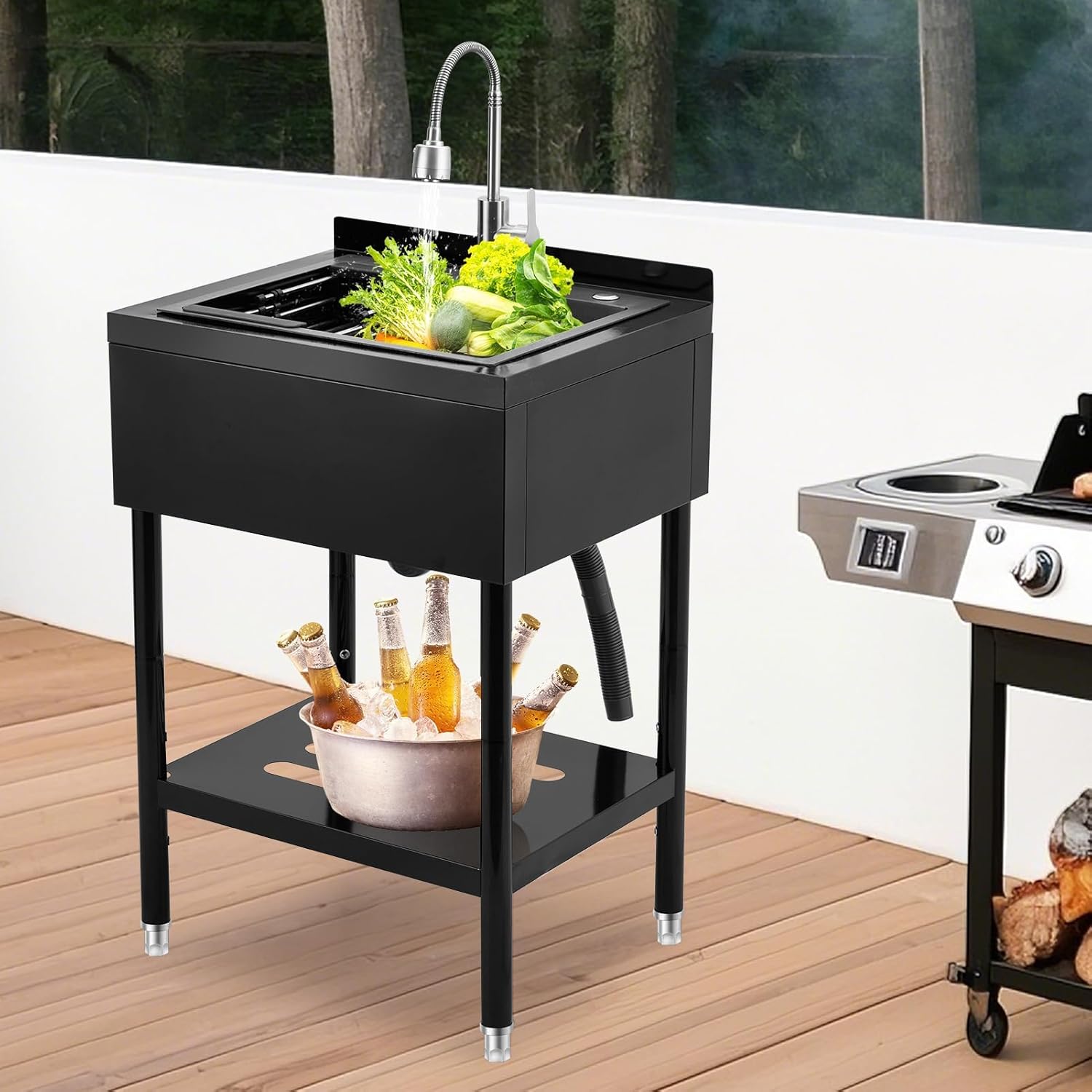 Freestanding Utility Sink, 25.6"×20.5"×39.4" Stainless Steel Single Bowl Kitchen Sink with Cold and Hot Water Pipe, Storage Shelf and Adjustable Legs, for Laundry Room Bathroom Farmhouse