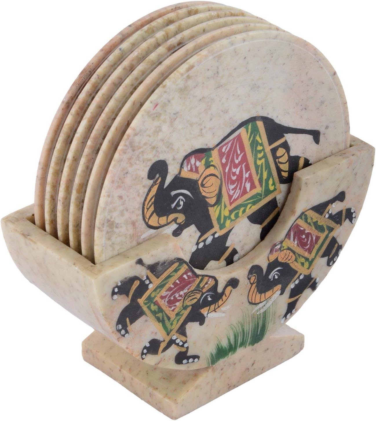 Skyman Soapstone Designer Marble Handmade Coaster Set Pack of 6 Plates with Marvelous Elephant Painting Work for Hot and Cold Drinks