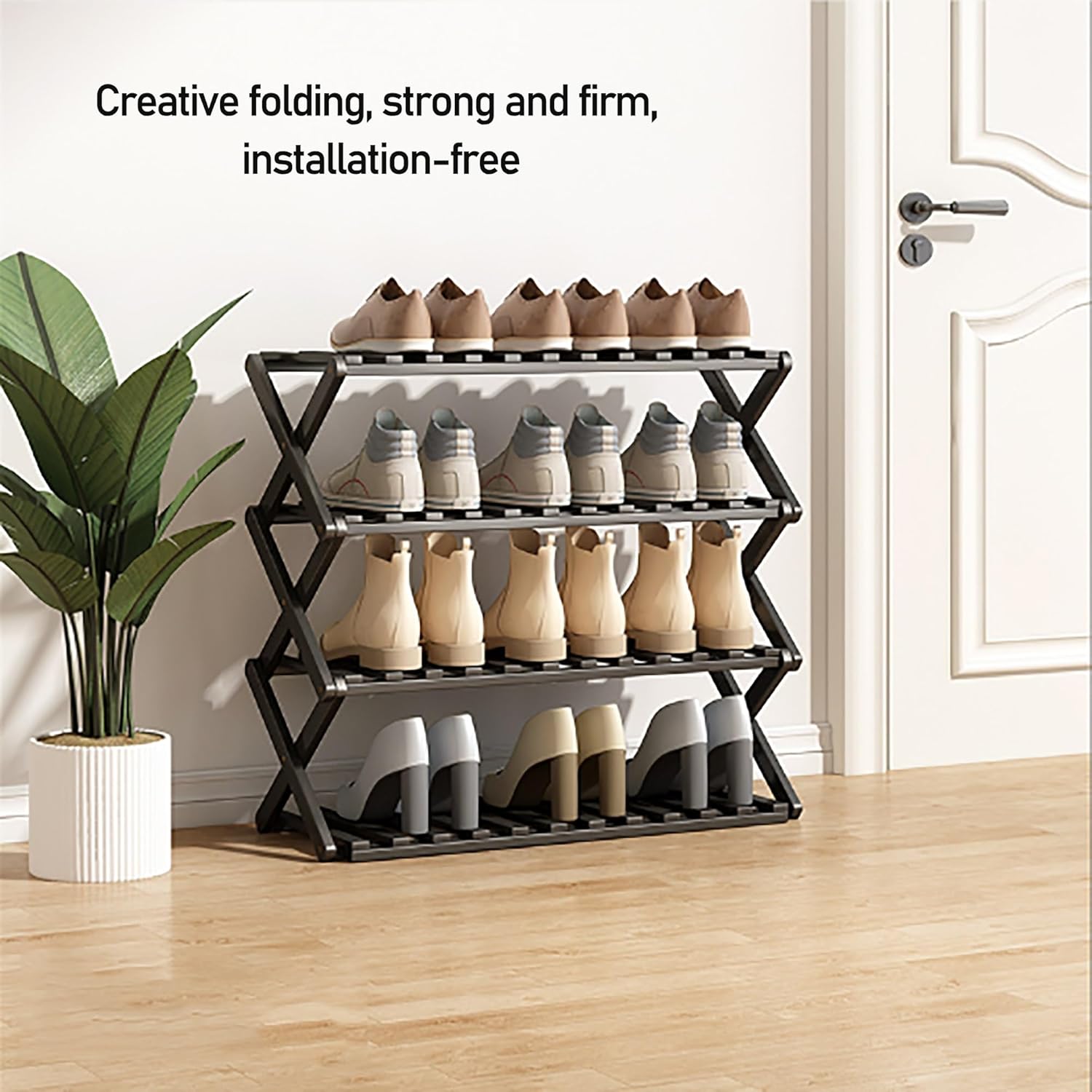 Foldable Bamboo Shoe Rack - Multi-Layer Storage nizer for Corridor, Living Room, Balcony & Kitchen, Simple Design, Black Color, Space-Saving Solution for Shoes.