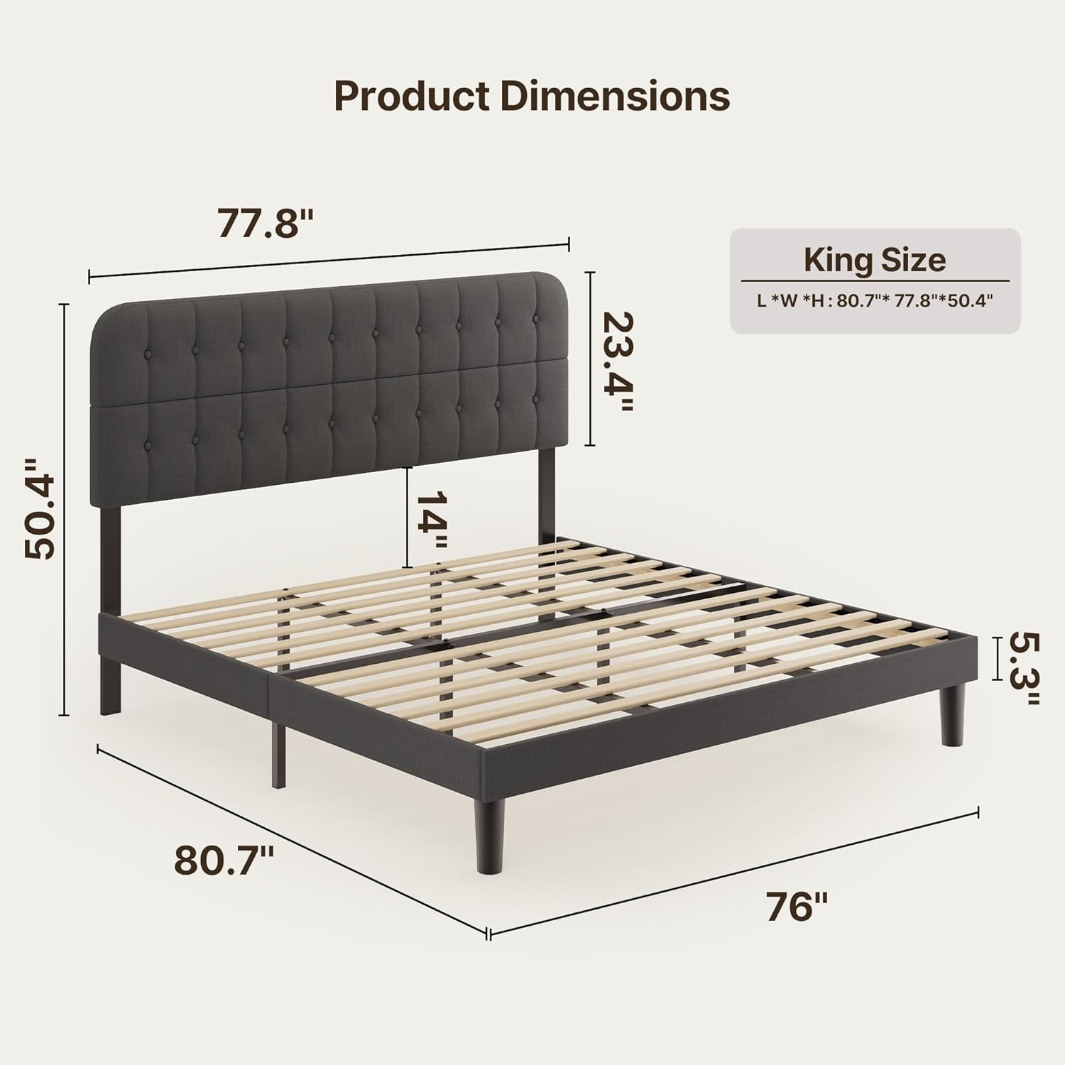 Gizoon King Bed Frame with Headboard, Upholstered Platform Bed with Sturdy Wooden Slats, Noise-Free, No Box Spring Needed, Easy Assembly, Modern Bedroom Furniture