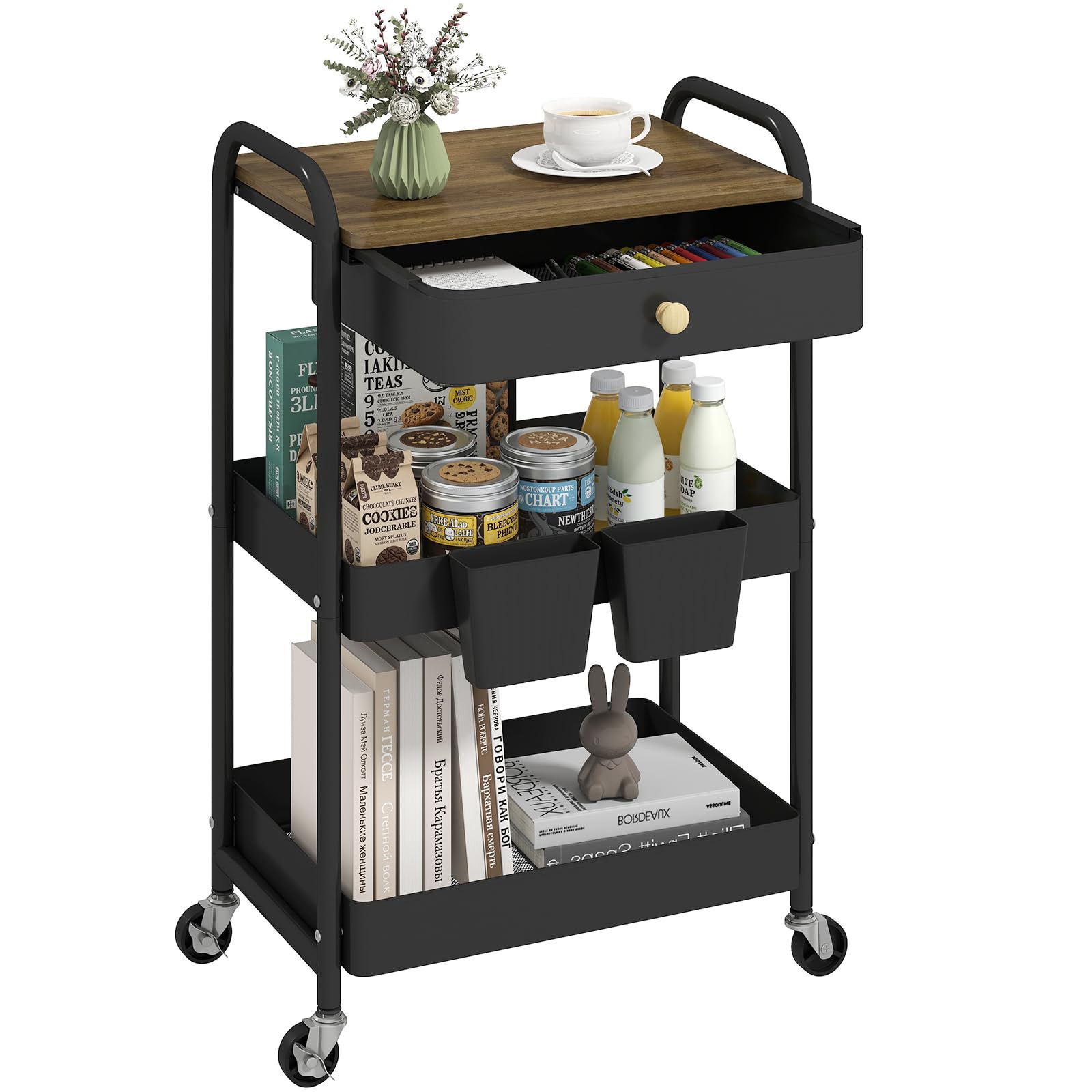 danpinera 3 Tier Rolling Cart, Metal Utility Cart with Wooden Table Top & Drawer, Rolling Carts, Storage Cart with Hanging Cups for Kitchen, Bathroom, Office — image 1