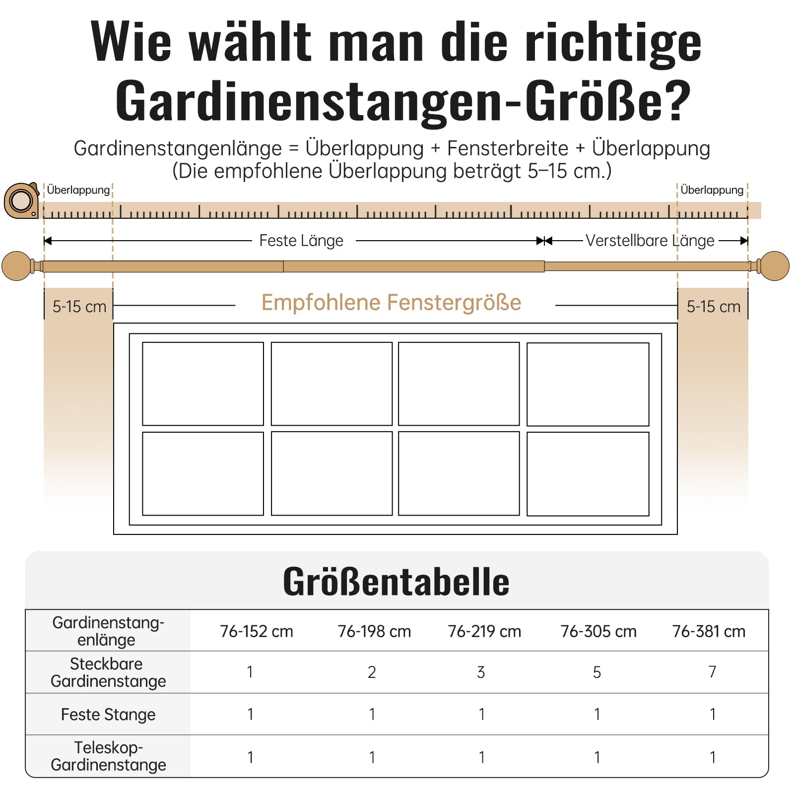 Gardinenstange Hellbraun 76–381 cm, Vorhangstange Ø 25 mm | Ausziehbare Vorhangstange, Metall mit Holzoptik, Wand/Deckenmontage