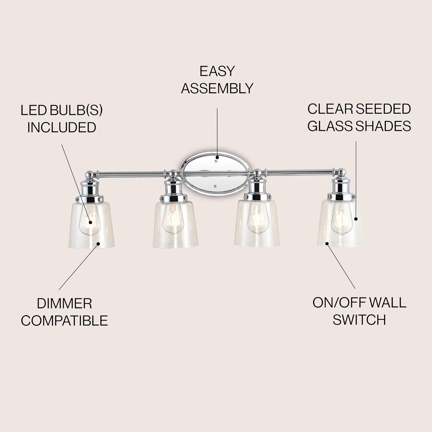 Eyely EYL7533A May 31.75" 4-Light Iron/Seeded Glass Classic Cottage LED Vanity Light for Entryway Lobby, Bathroom, Hallway, Bedroom, Farmhouse, French Country, Rustic, Chrome