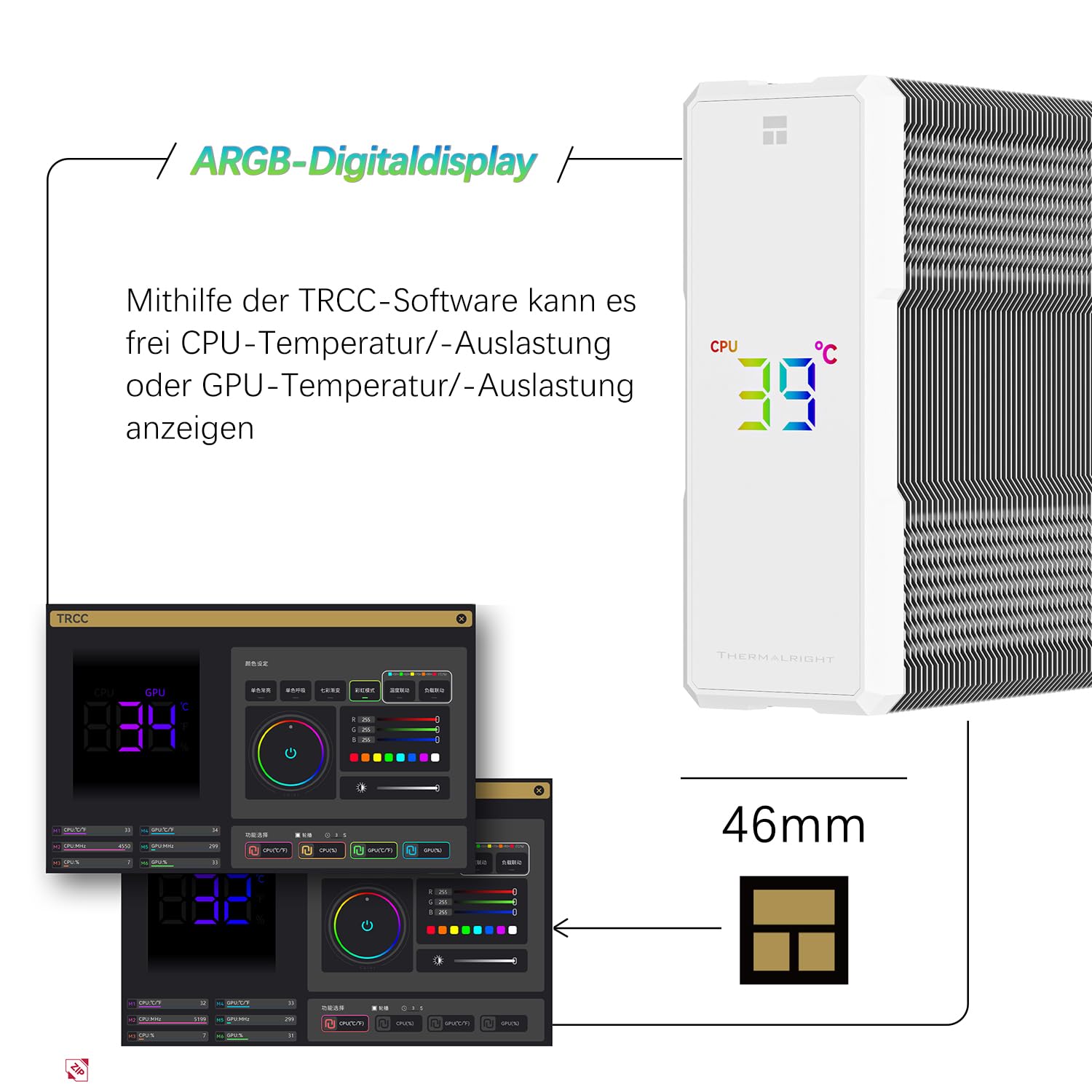 TR-Thermalright Assassin X 120 Digital ARGB White chłodnica procesora, 4 x 6 mm, wentylator PWM 120 mm, 2000 obr./min, Digital Display Board Top Cover, do AM5/AM4, Intel Lga1851/1700, biały