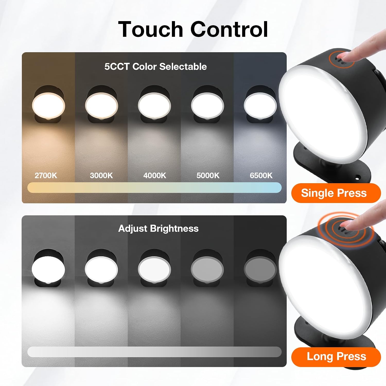 SYLVANIA LED Wall Lights with Battery, Touch Control Wall Lamp, 5 CCT (2700/3000/4000/5000/6500K), Dimmable, Timer, 360 Rotation, Cordless Wall Sconces, Mounting Accessories/Hook - 2 Pack (66215)