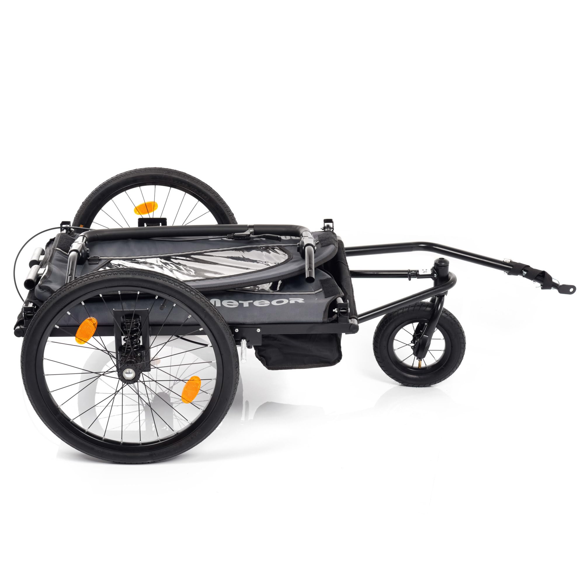 meteor Kinderfahrradanhänger 2 in 1 Fahrradanhänger und Jogger für 2 Kinder bis 44 kg ab 18 Monaten mit Regenverdeck Sicherheitsfahne Reflektoren Handbremse Stauraum Stahlrahmen Grau BX-50