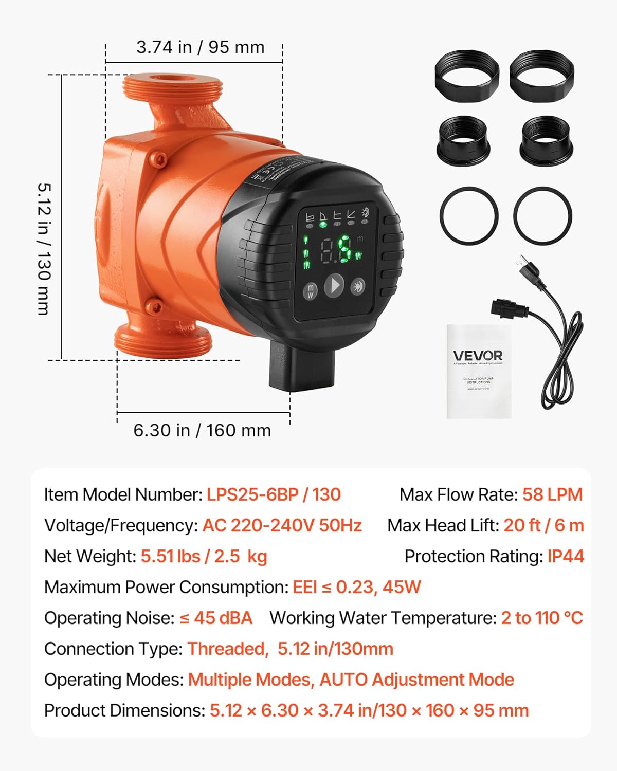 Technical specifications and dimensions of the VEVOR circulation pump