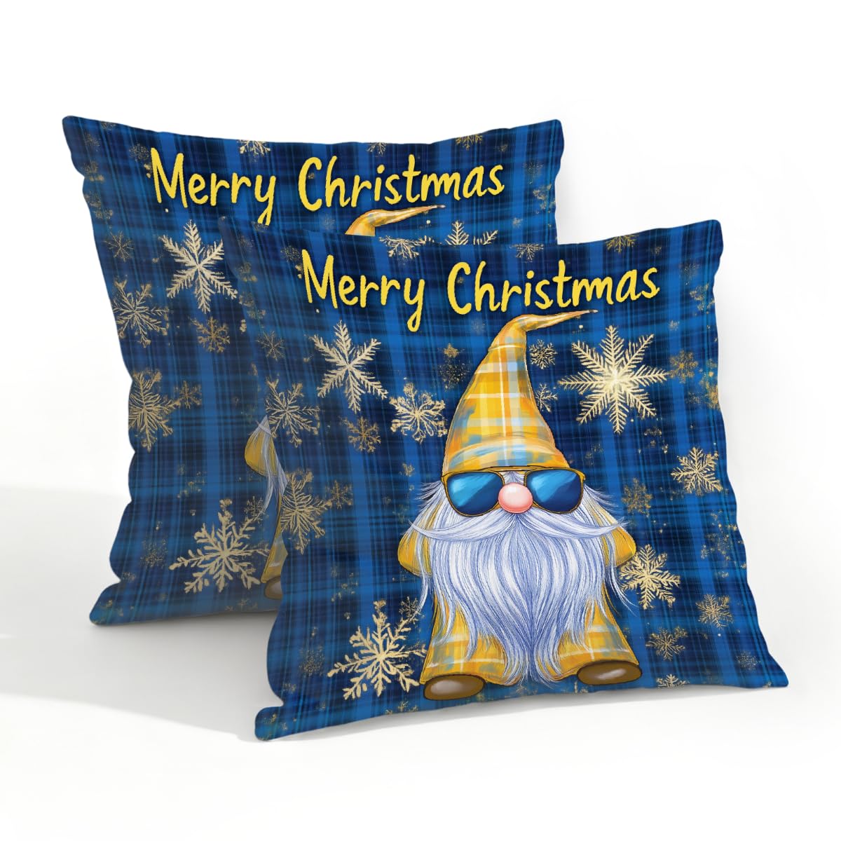 Outdoor Pillow Covers Waterproof Pillowcases 20x20IN Set of 2 Merry Christmas Funny Gnome On Blue Tartan Decorative Throw Cushion Case for Couch Sofa Garden Patio Furniture