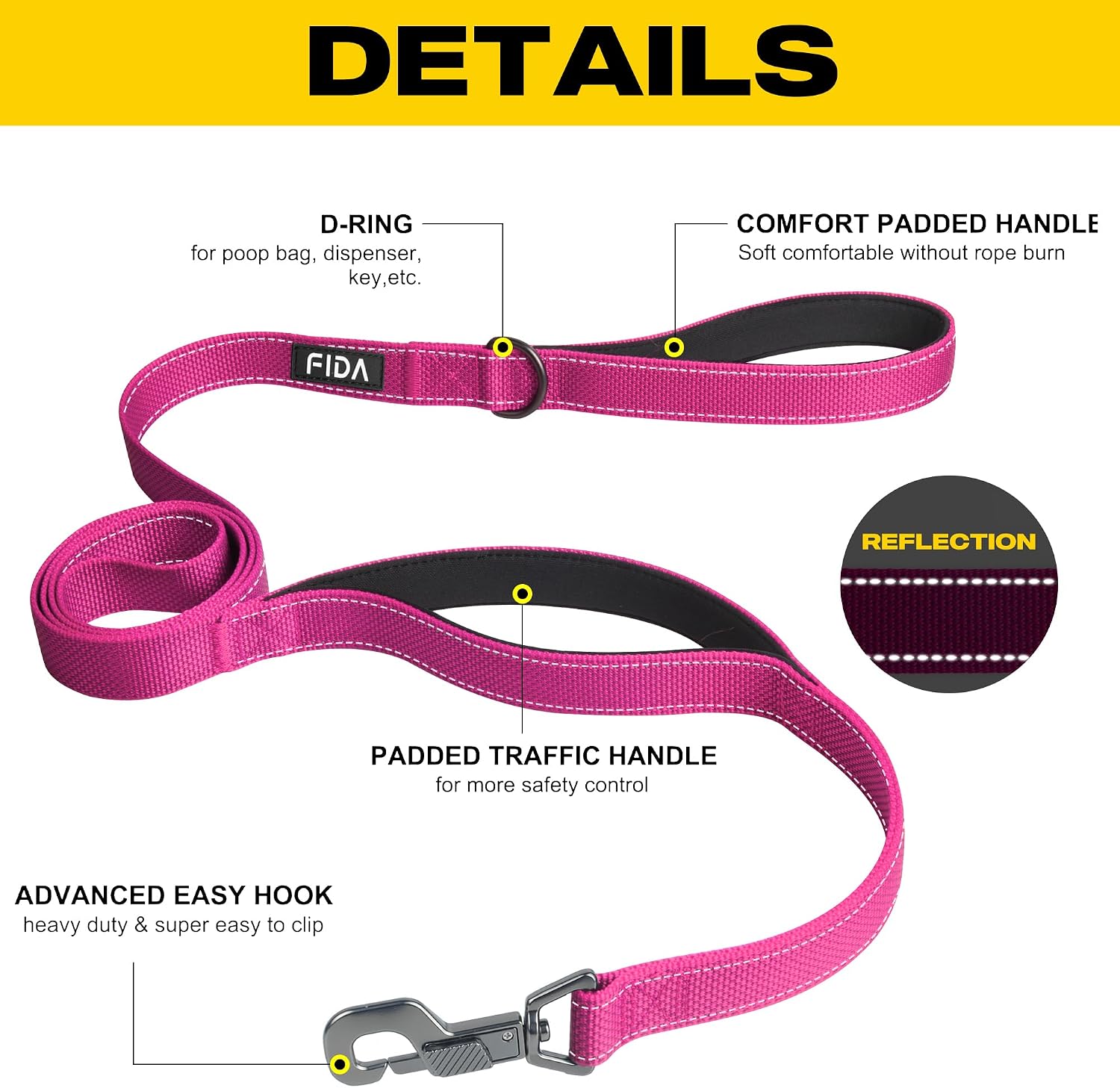 fida 4 ft heavy duty dog leash with 2 comfortable padded handles, traffic handle & advanced easy snap hook, reflective walking lead for large, medium & small breed dogs, rose 4 feet (pack of 1) rose