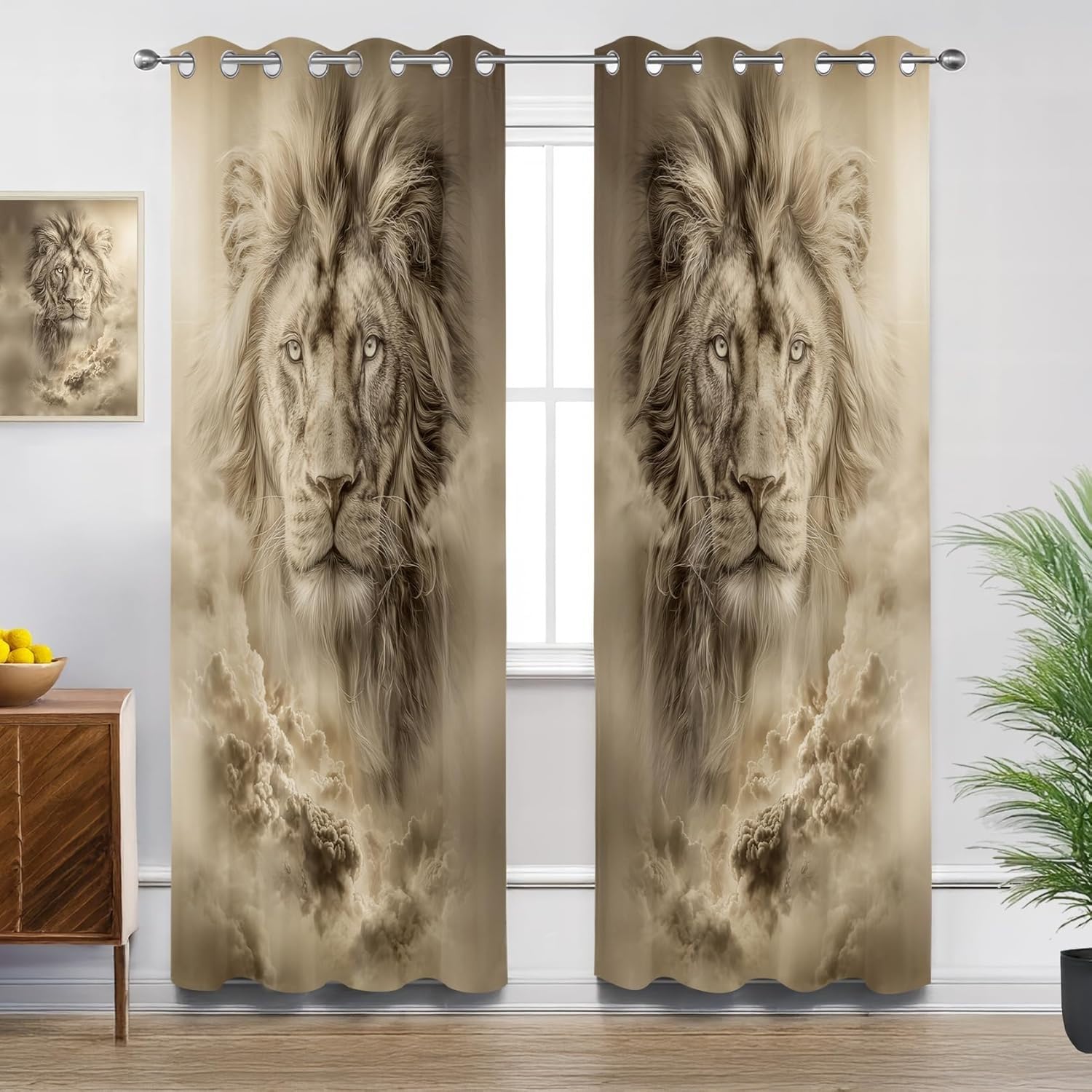 Druck Vorhänge 2er Set, Löwe Thermovorhang Kälteschutz Vorhang H 225 x B 110cm, Verdunkelungsvorhang mit Ösen Kinderzimmer Schlafzimmer Wohnzimmer