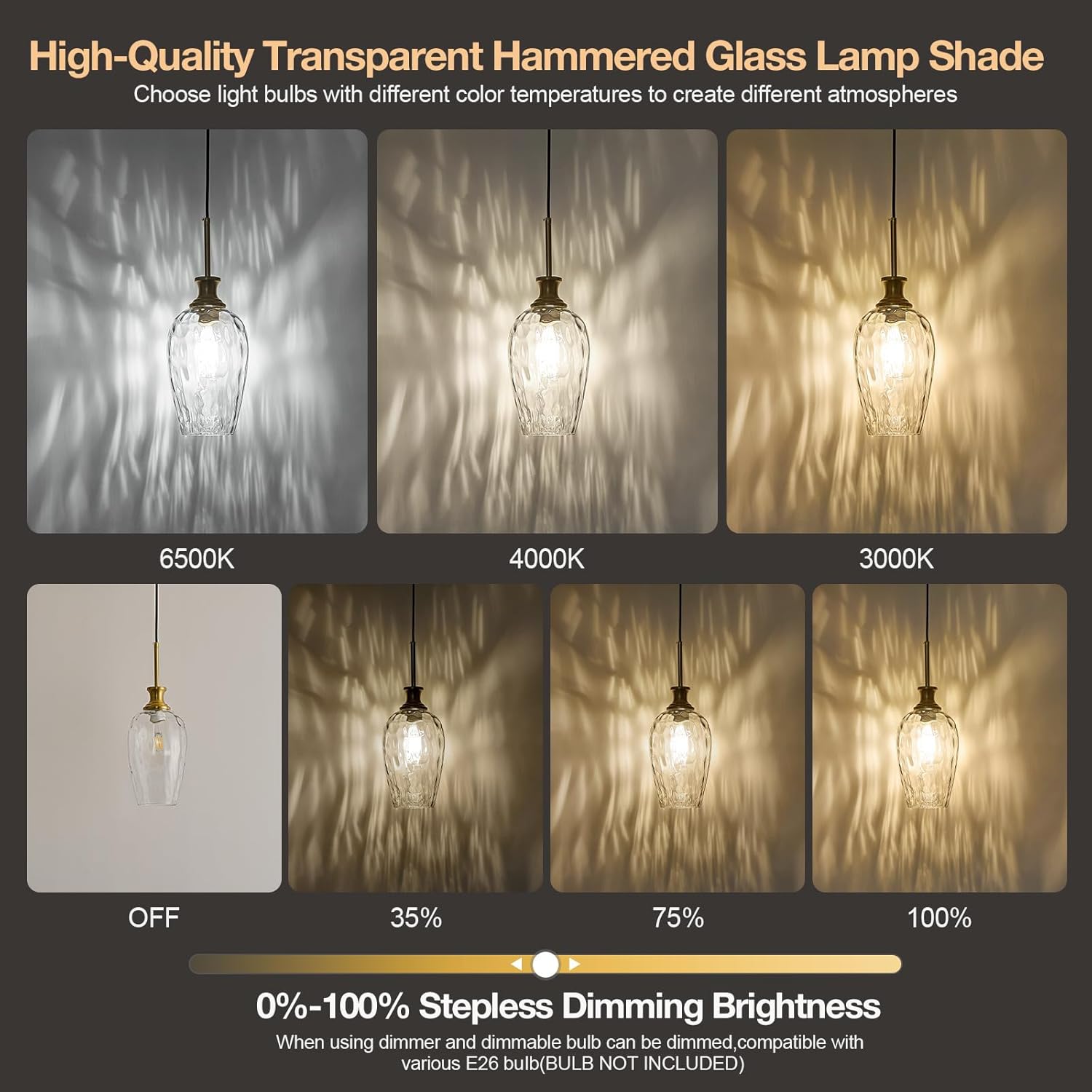 Modern Kitchen Pendant Lights,1-Light Brass Color Pendant Light Fixtures with Hand-Blown Clear Glass Light Fixture for Kitchen Island Sink Dining Room Bedroom Hallway, E26 Bulb Not Includes