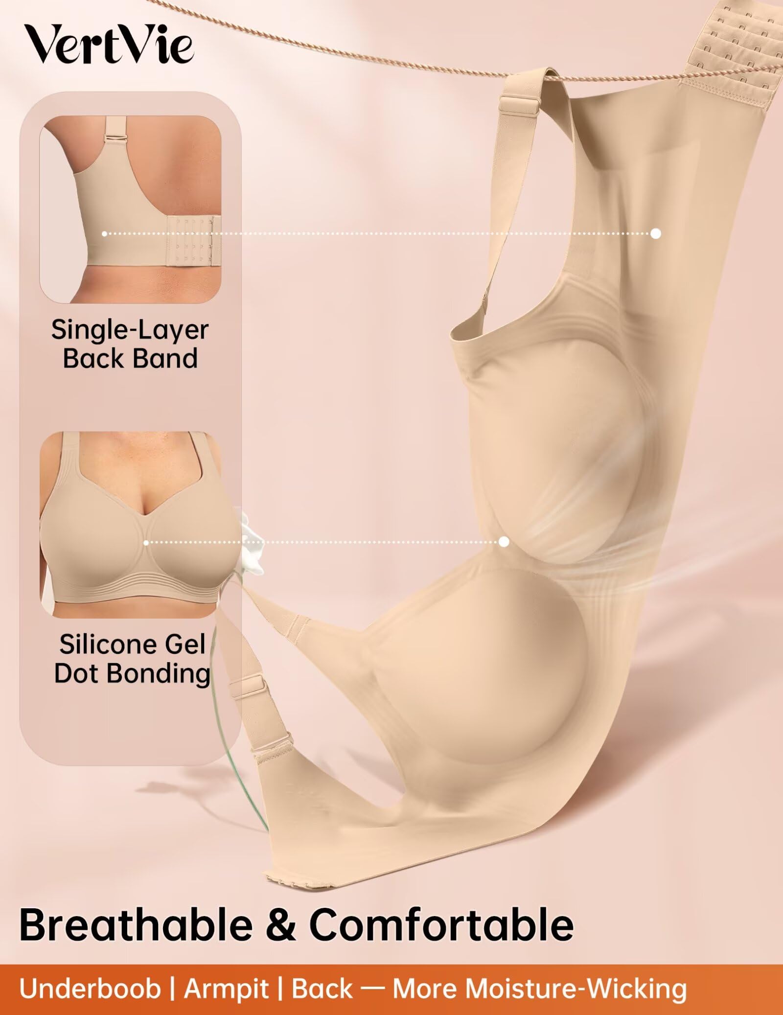Vertvie Galaretowe biustonosze dla kobiet, plus size, minimalizator, miękki, bezprzewodowy, push-up, pełne wsparcie, dla osób starszych, biustonosz zakrywający plecy
