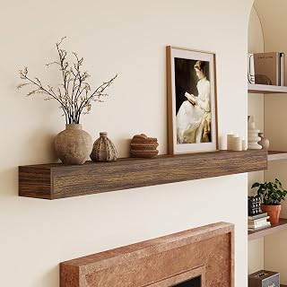 72 Inch Solid Wood Floating Fireplace Mantel Shelf with Hidden Brackets - Rustic Brown Mantel for Living Room, Bedroom Decor