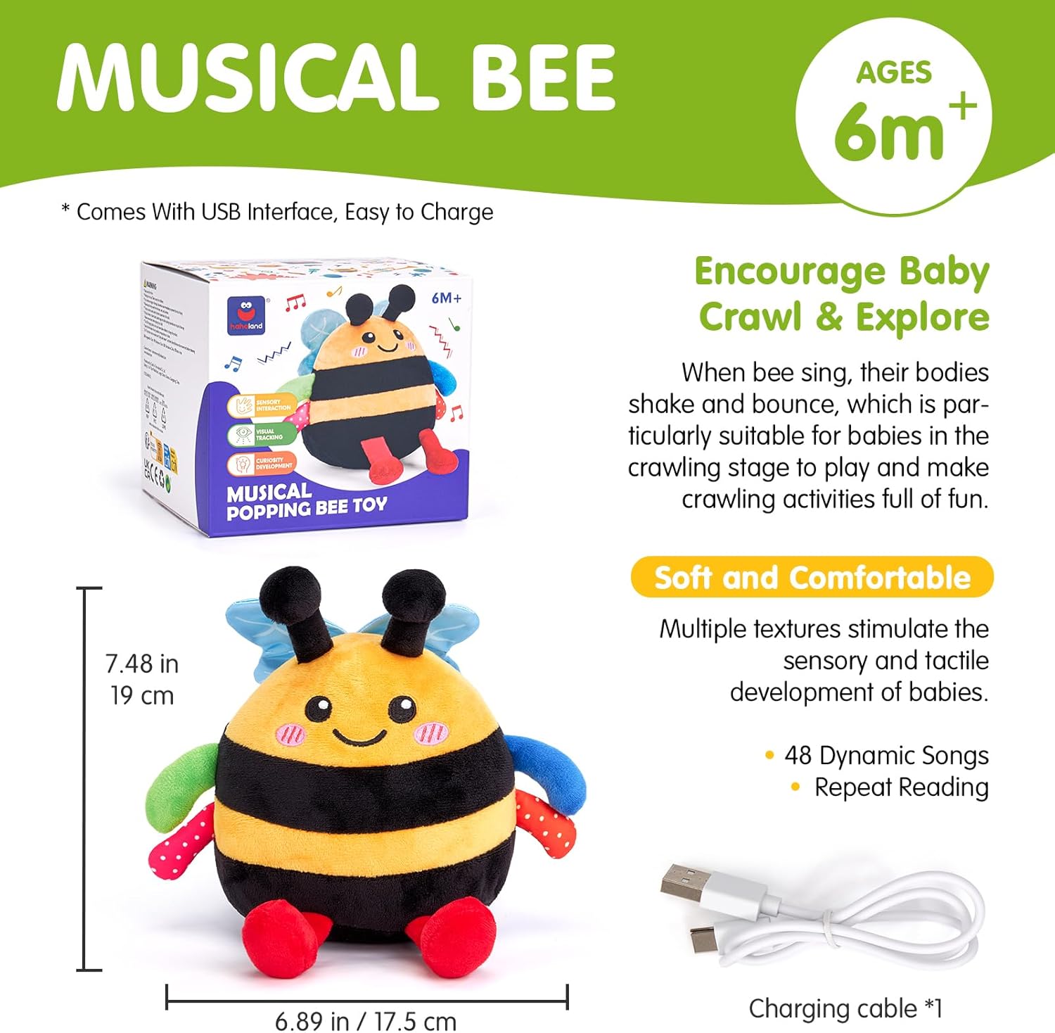 hahaland Baby Toy for 6 + 12 18 Months – Crawling Musical Dancing Bouncing Learning Bee Plush, Interactive Tummy Time Toy for 1 2 3 Year Old Boys Girls - Image 9