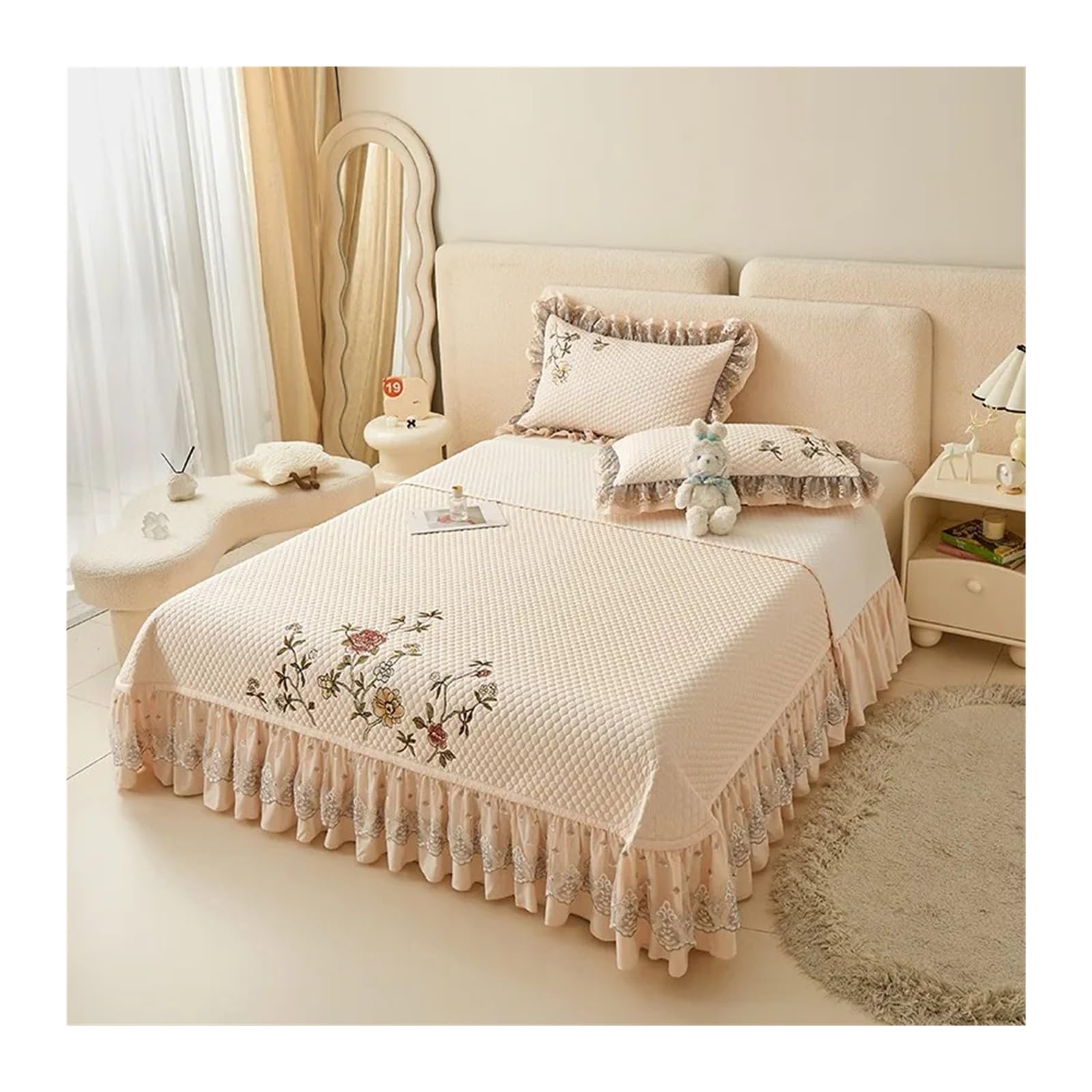 Colcha Cama Juego de Colcha Cama Verano con Volantes Elegantes Bordados, 3 uds., Acolchada Ligera y Suave, 2 ., Fundas Almohada(Khaki)