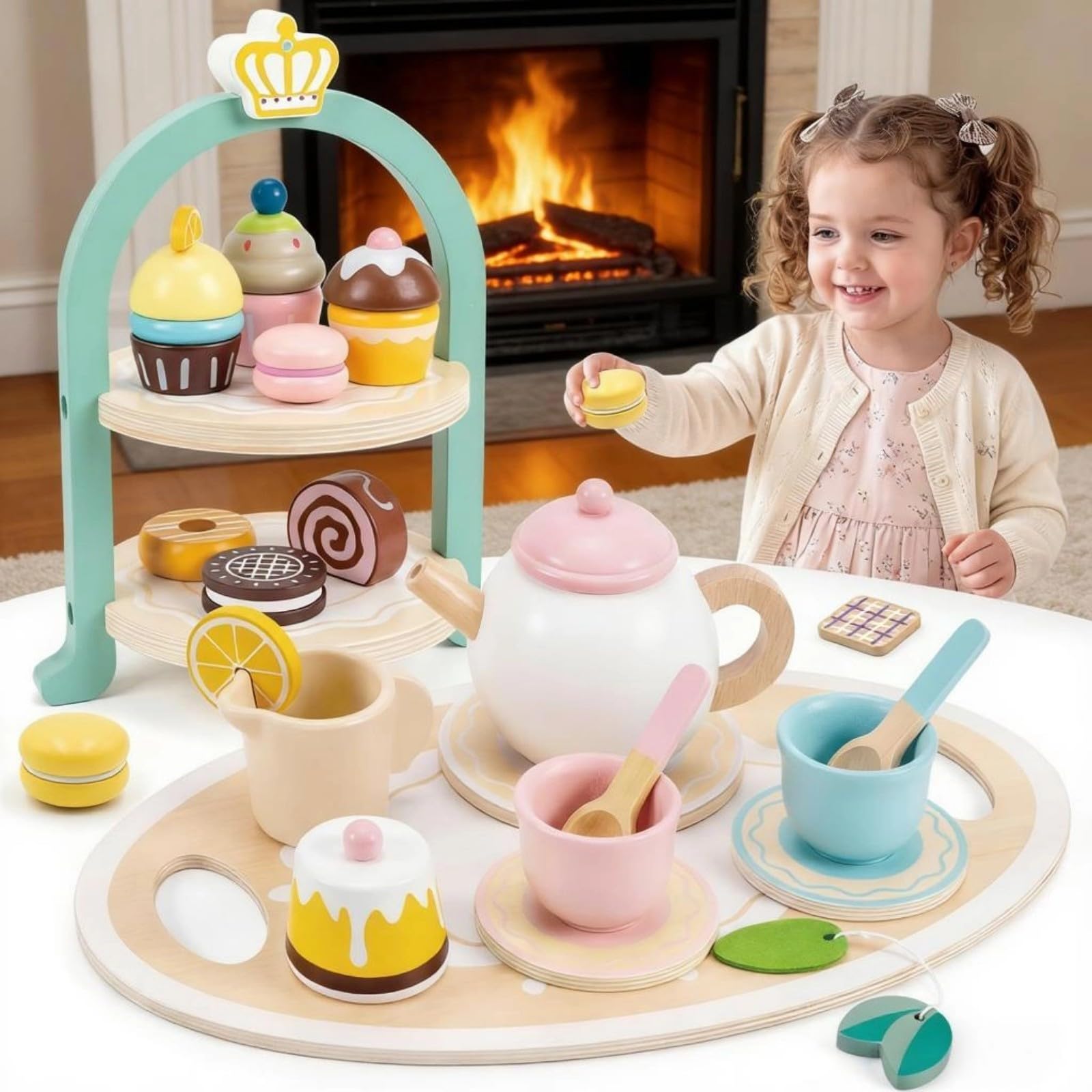 Juego de postres de madera para niños, juguete de cocina con utensilios, regalo de aprendizaje para niños y niñas, juego de cocina de cumpleaños, fiesta de té de madera, juego de cocina para niños de