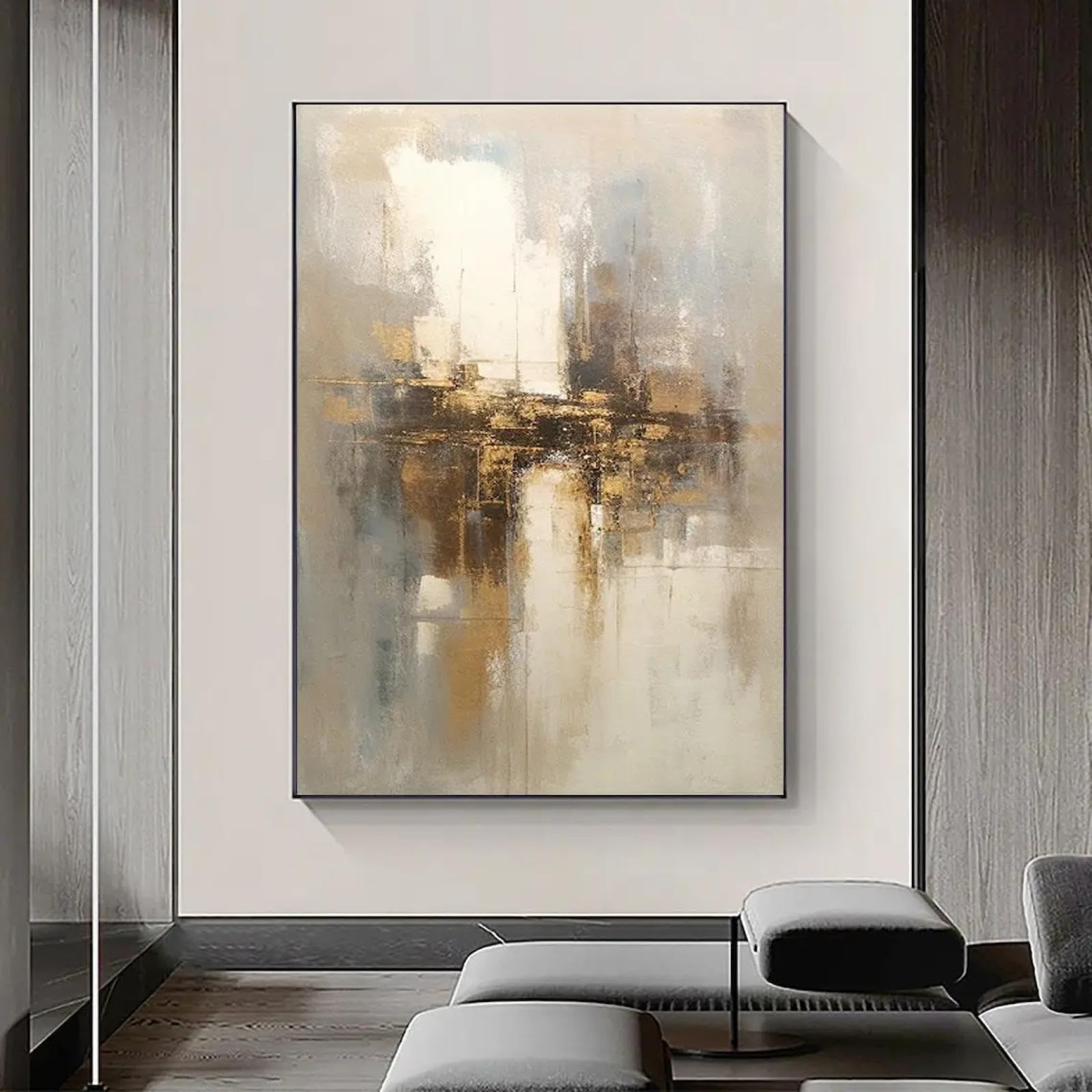 KQZVCU Pintura abstracta en lienzo de color beige y dorado, arte de pared abstracto para decoración de paredes de salón, arte moderno, imágenes de oro gris, 60x80cm sin marco