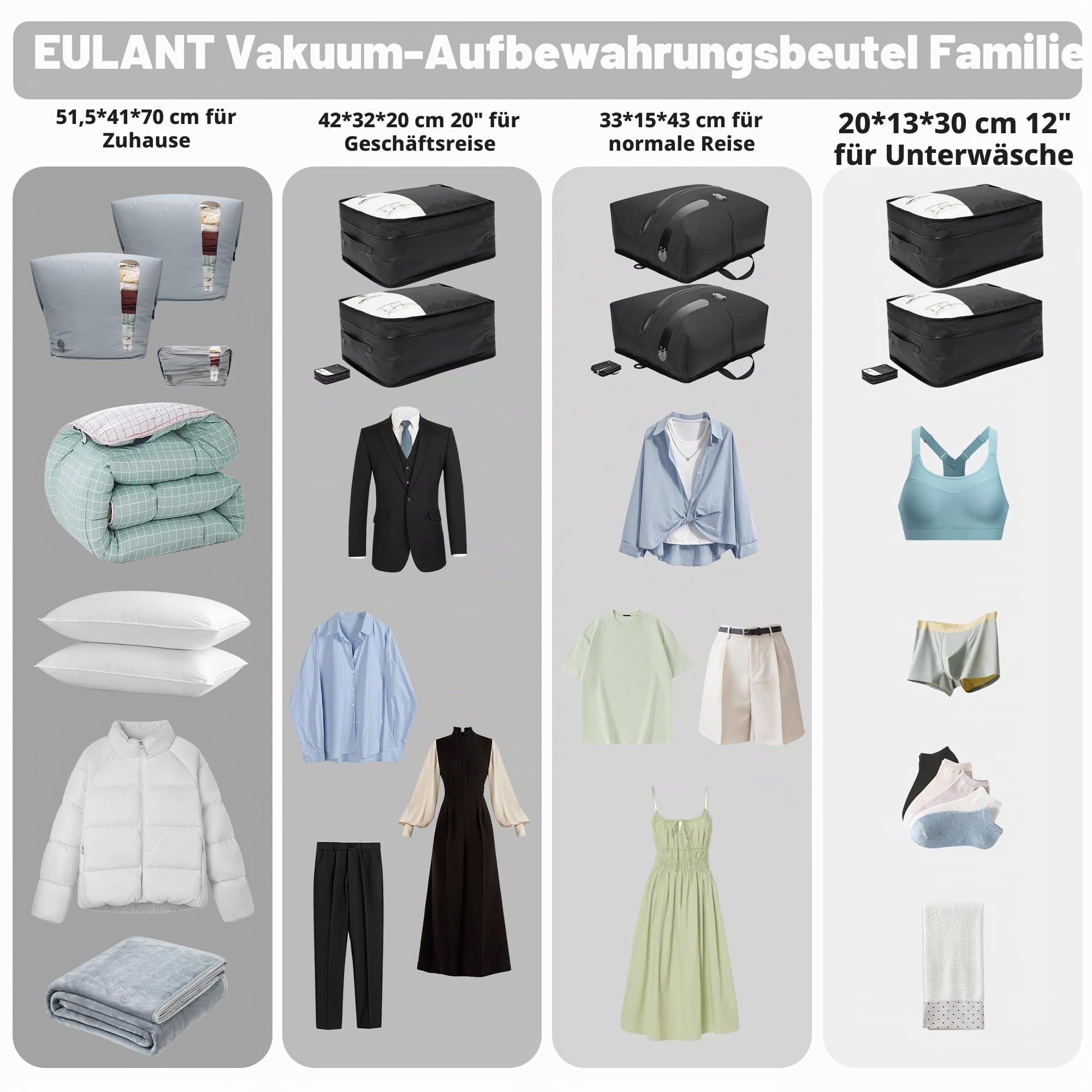 EULANT Große Nylon Vakuumbeutel für Kleidung mit luftdichtem IP67 Reißverschluss,Wasserdicht Vakumkompression Beutel für Bettdecken/Decken/Bettwäsche,Wiederverwendbar & Platzsparer & Trapezförmig