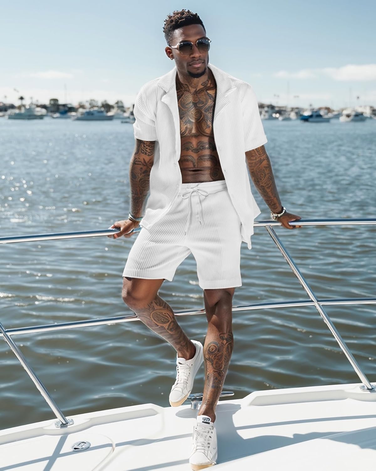 UOUA 2 Piece Short Sets for Men Summer Beach Outfits Stripe Texture Button Down Shirts & Shorts Casual Vacation Set - Image 5