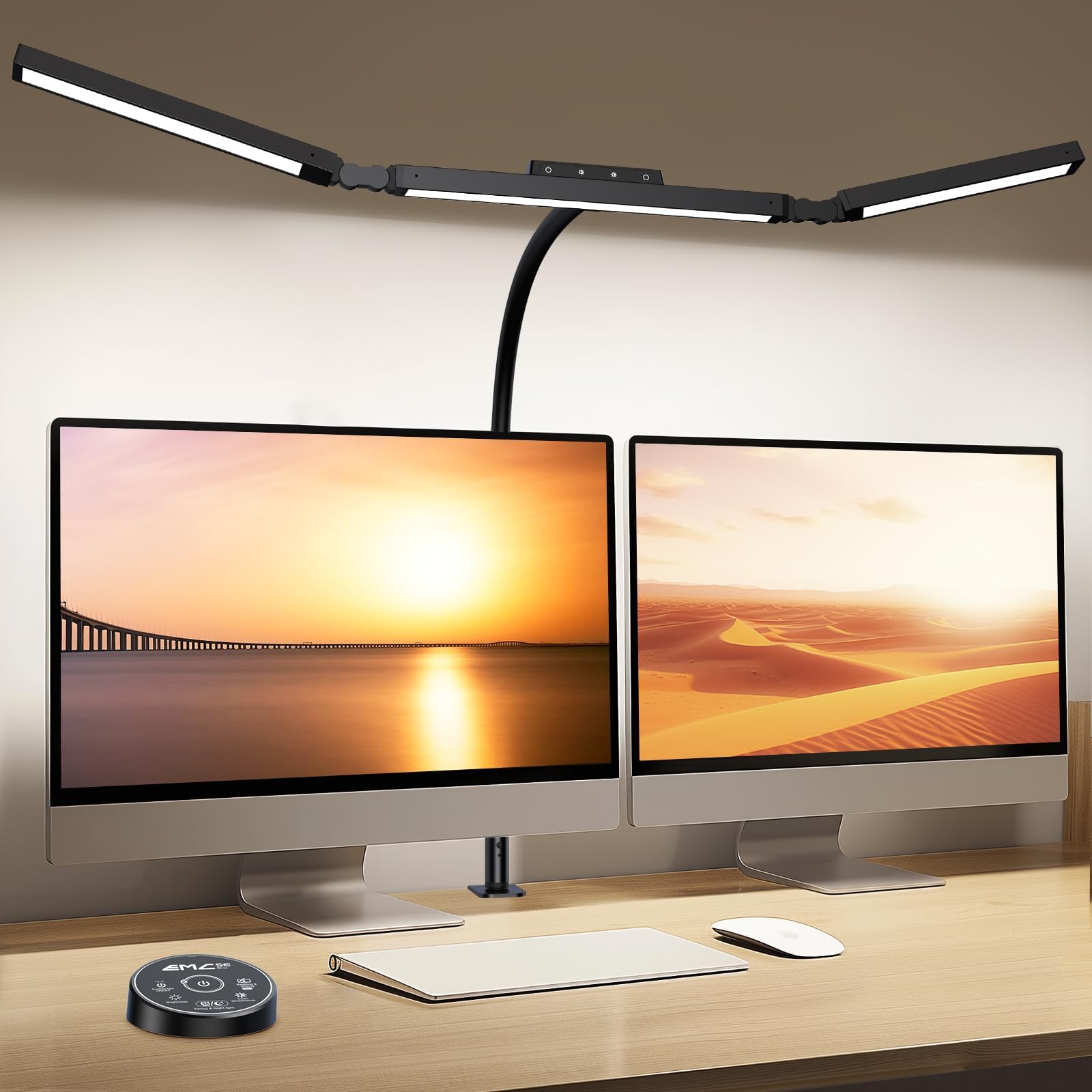LED Desk Lamp with Clamp,Architect Desk Lamp for Home Office with 4 Color Lighting & Brightness,3 Light Bars Computer Monitor Desk Light with Remote & Touch Control,24W Adjustable Gooseneck Table Lamp