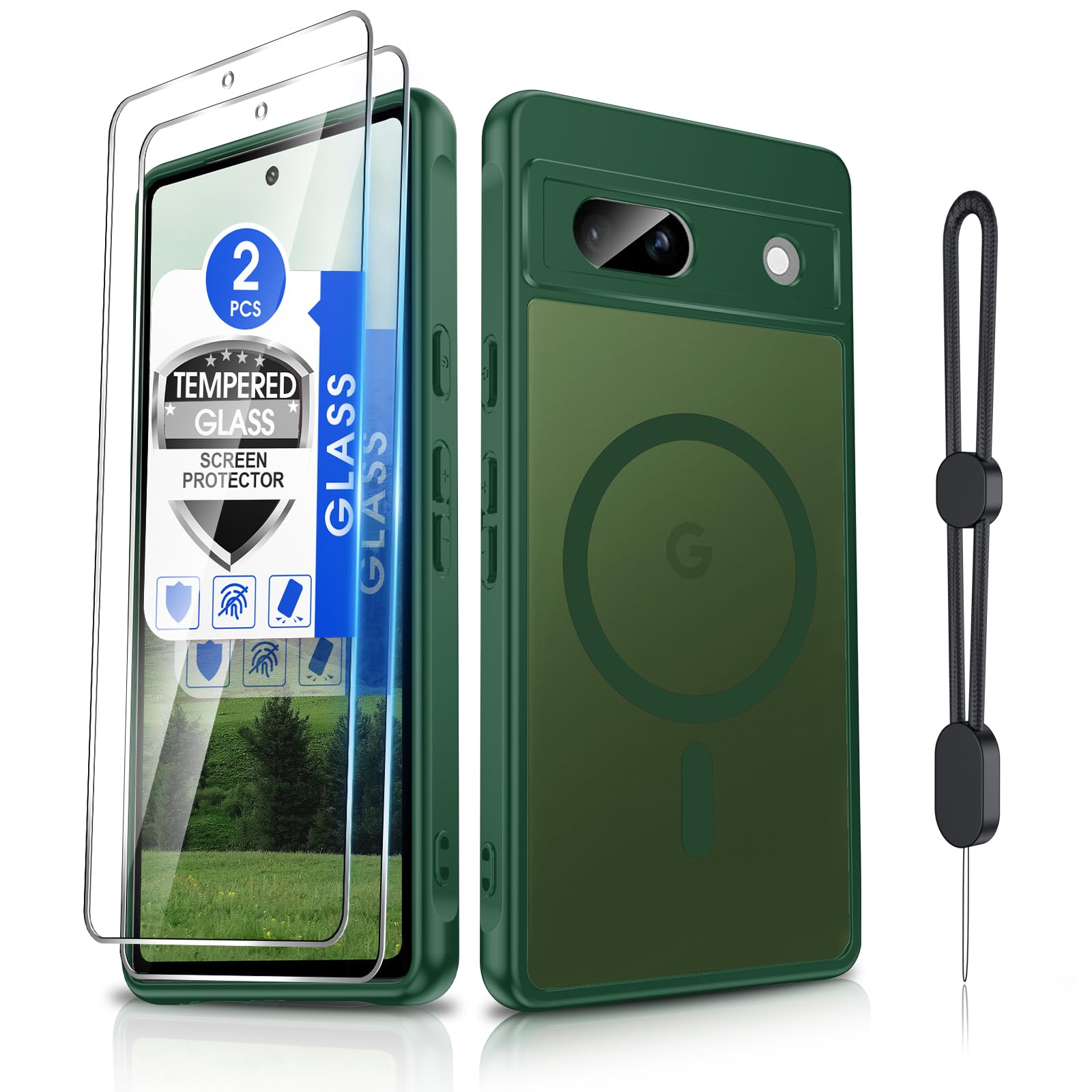 Dizn for Google Pixel 7a Phone Case:Googlr7A Case,with [2 Piece] Tempered Glass Screen Protector,Wrist Band,[Fit for MagSafe],Matte Translucent Slim &amp; Military Grade Anti Shock for Pixel 7a,Green