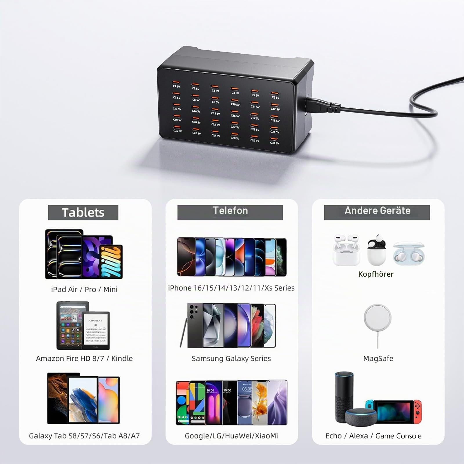 USB C Ladestation 30 Ports, 180W/30C Mehrfach-USB-Ladestation