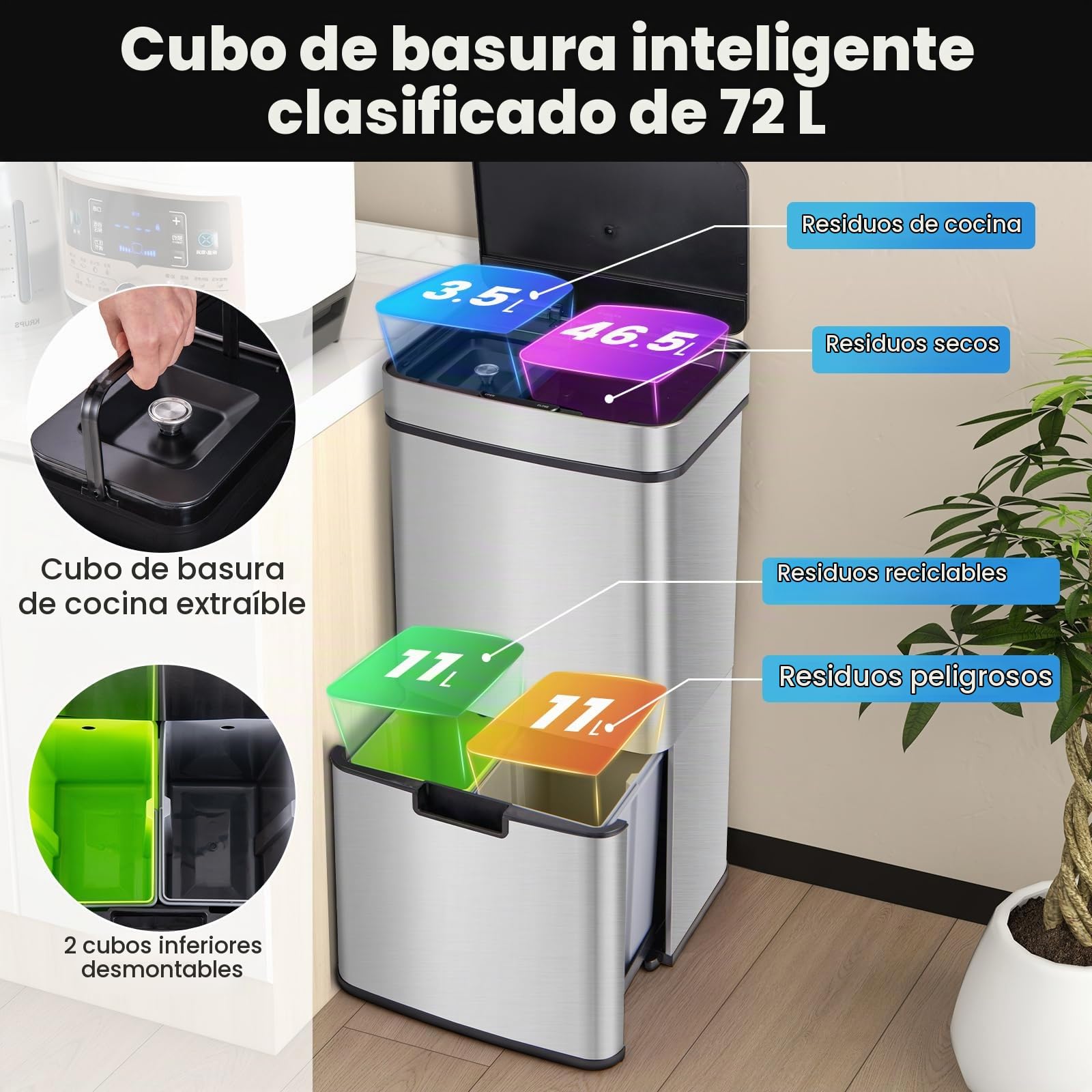 GIANTEX Cubo de Basura de Acero Inoxidable de 72 L, Bote de Basura con Sensor de Movimiento con Tapa de Cierre Suave, Cubos Interior Extraíbles, Clasificación de Basuras, para Cocina