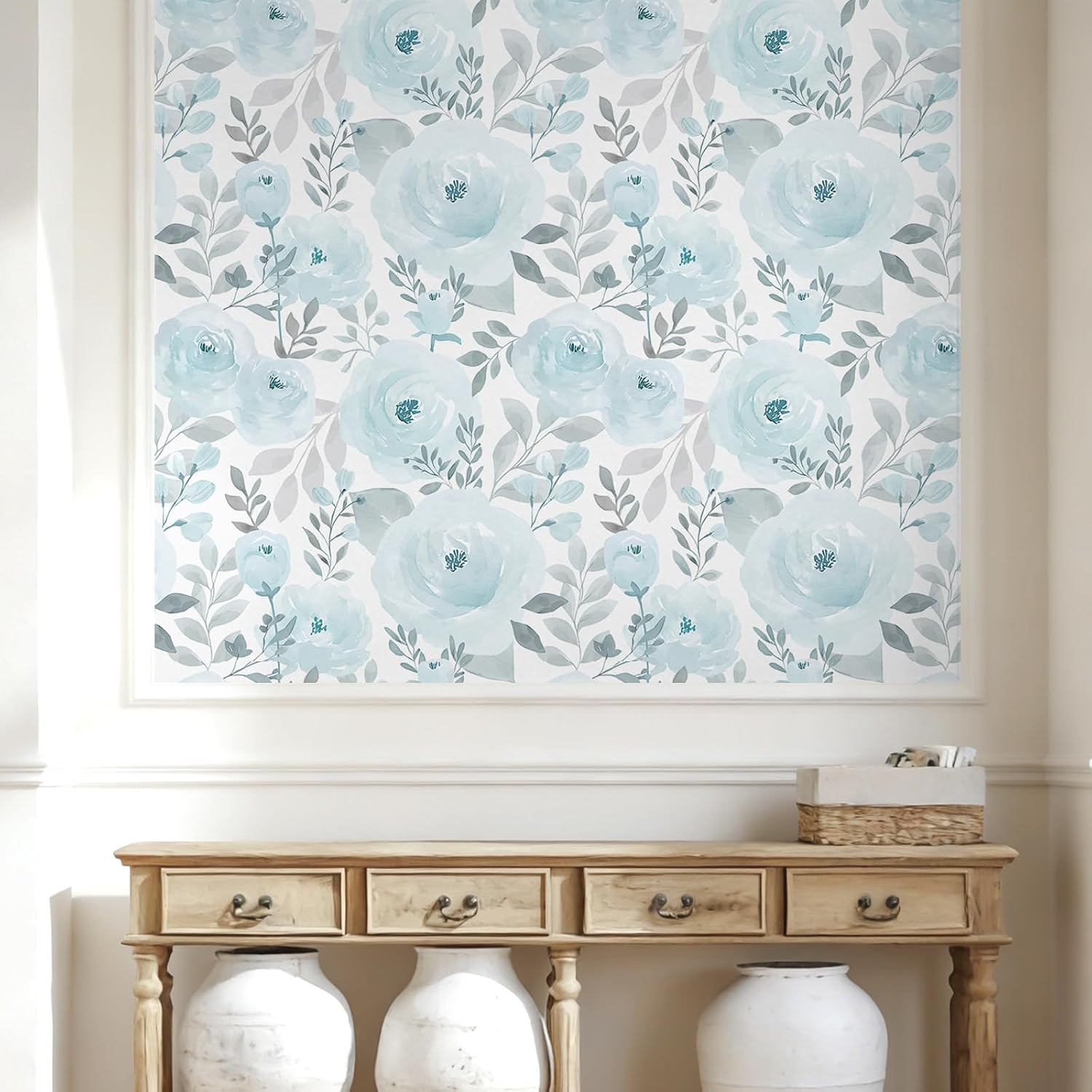 VEELIKE Pastel Blue Peony Wallpaper Peel and Stick Garden Floral Wallpaper 17.7''x354'' Removable Self Adhesive Contact Paper Floral Botanical Wall Paper Mural for Bedroom Nursery Bathroom Living Room