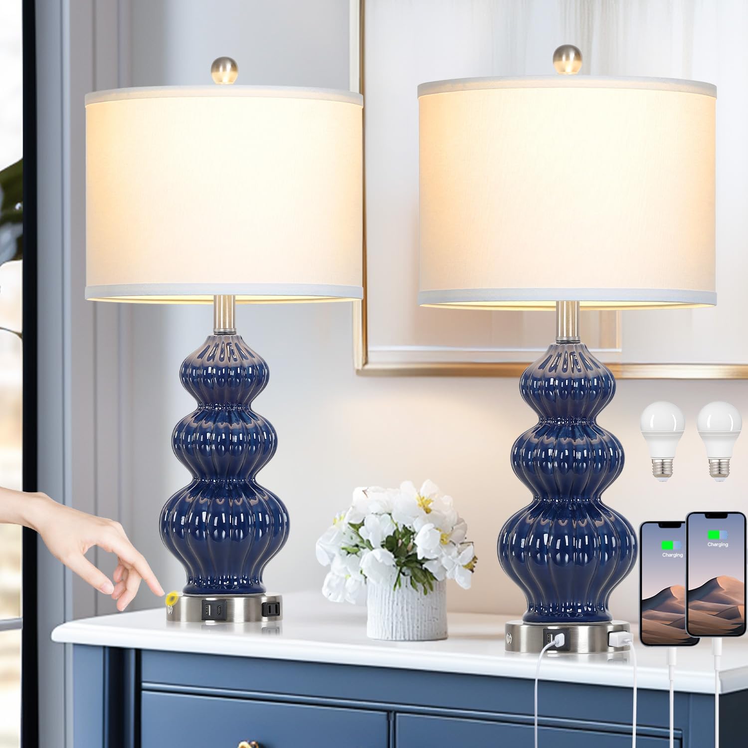 26" Blue Table Lamp Set of 2 with USB A+C Ports & AC Outlet, Ceramic Table Lamps Classic Beside Lamps Nightstand Lamp Modern Table Lamp for Living Room,LED Bulbs Included