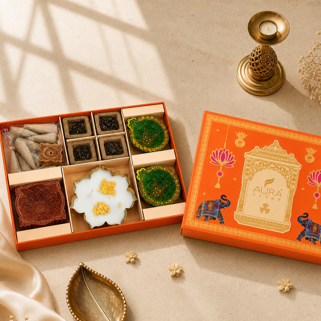AuraDecor Divine Pooja Gift Hamper | Premium Diwali Gift Box with Lotus Urli Candle, Dhoop Cones, Havan Cups, Decorative Diyas | Home Decor & Spiritual Gift Set-picture-20